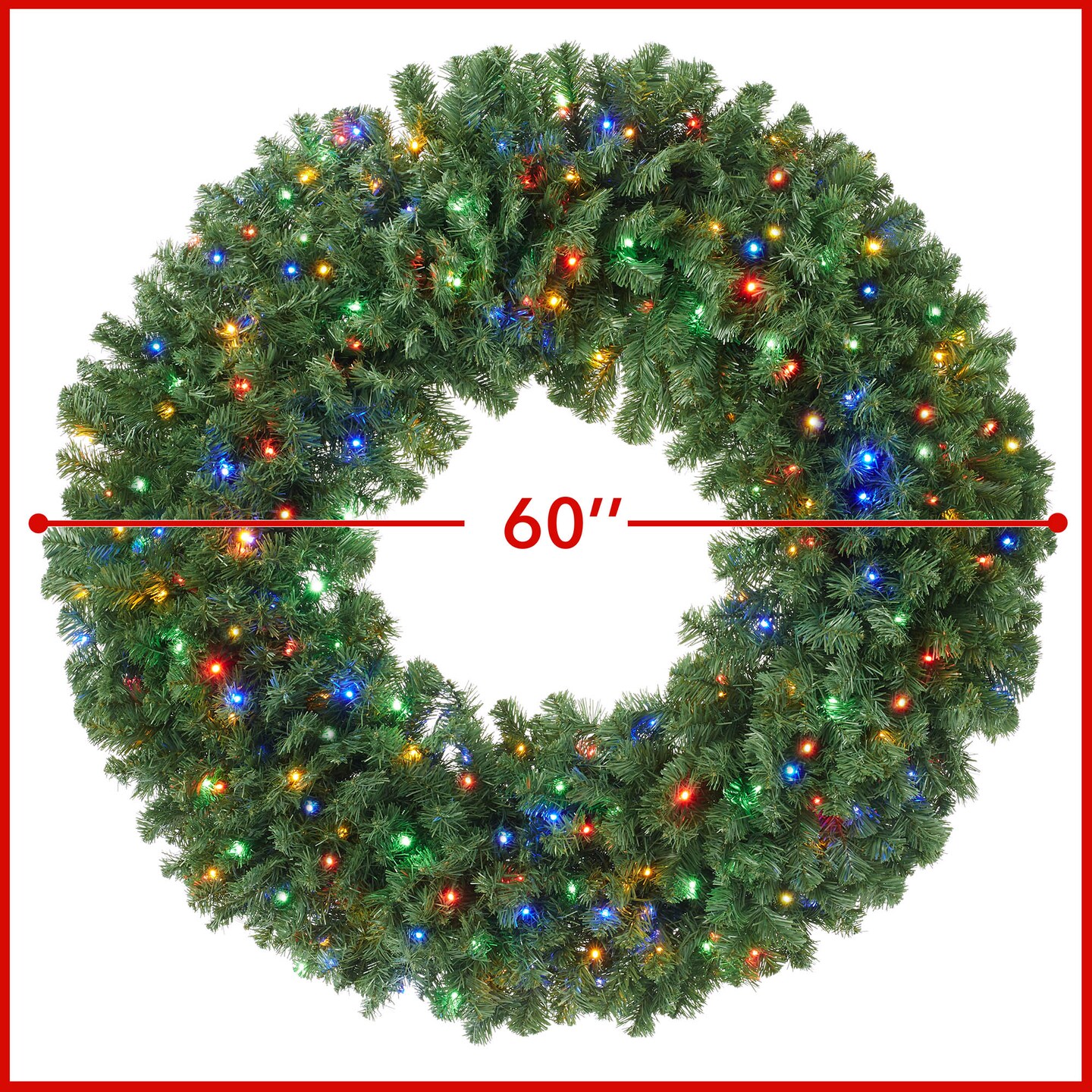 Casafield Pre-Lit Artificial Christmas Wreath for Front Door, Window or Mantel, Green Fir with Multicolor Lights Indoor/Outdoor Holiday Decor, 60 Inches
