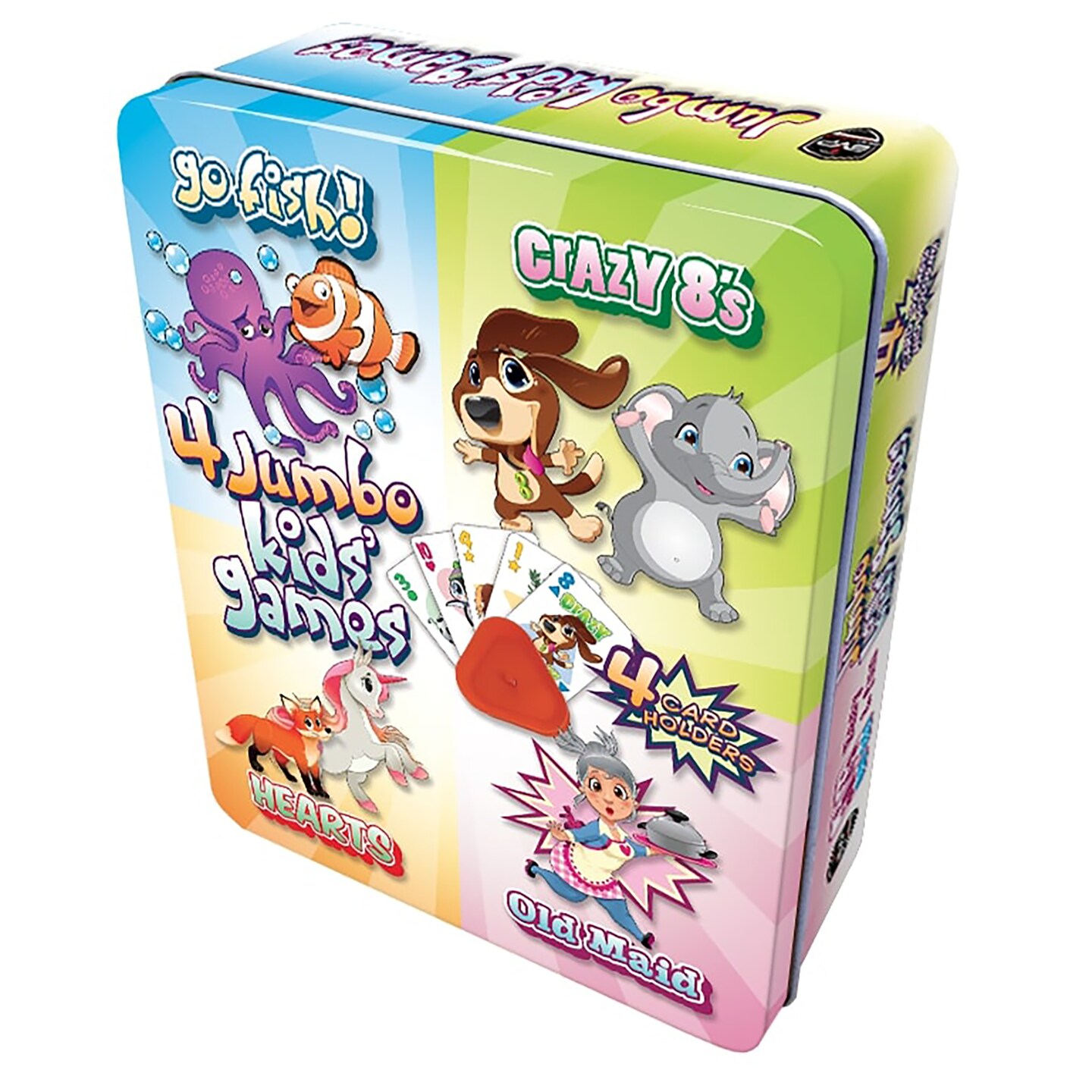 4 Jumbo Kids Games Tin W/ Go Fish, Crazy 8&#x27;s, Hearts, Old Maid, 4 Card Holders