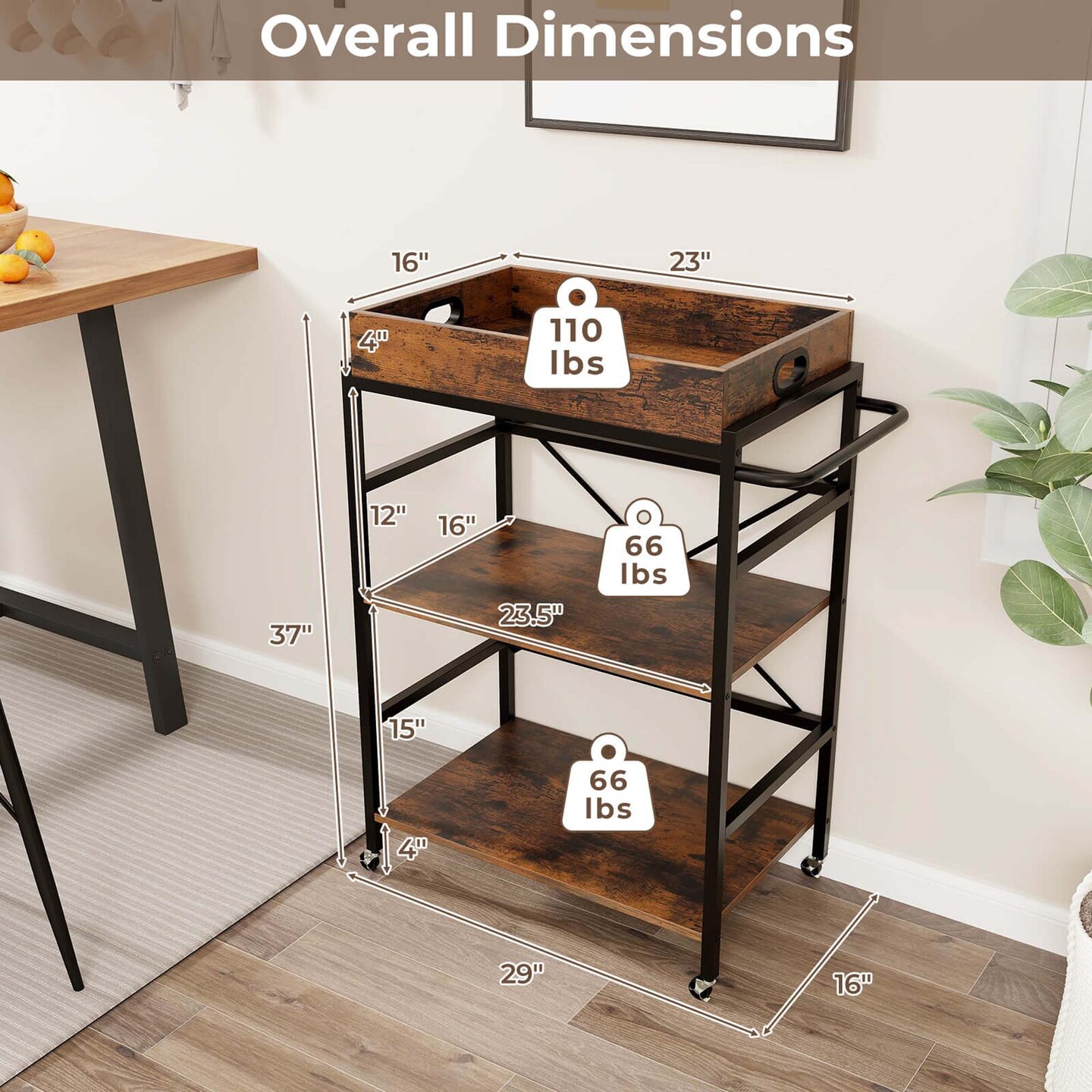 Costway 3-Tier Bar Cart with Detachable Tray 4 Lockable Casters &#x26; 1 Handy Handle