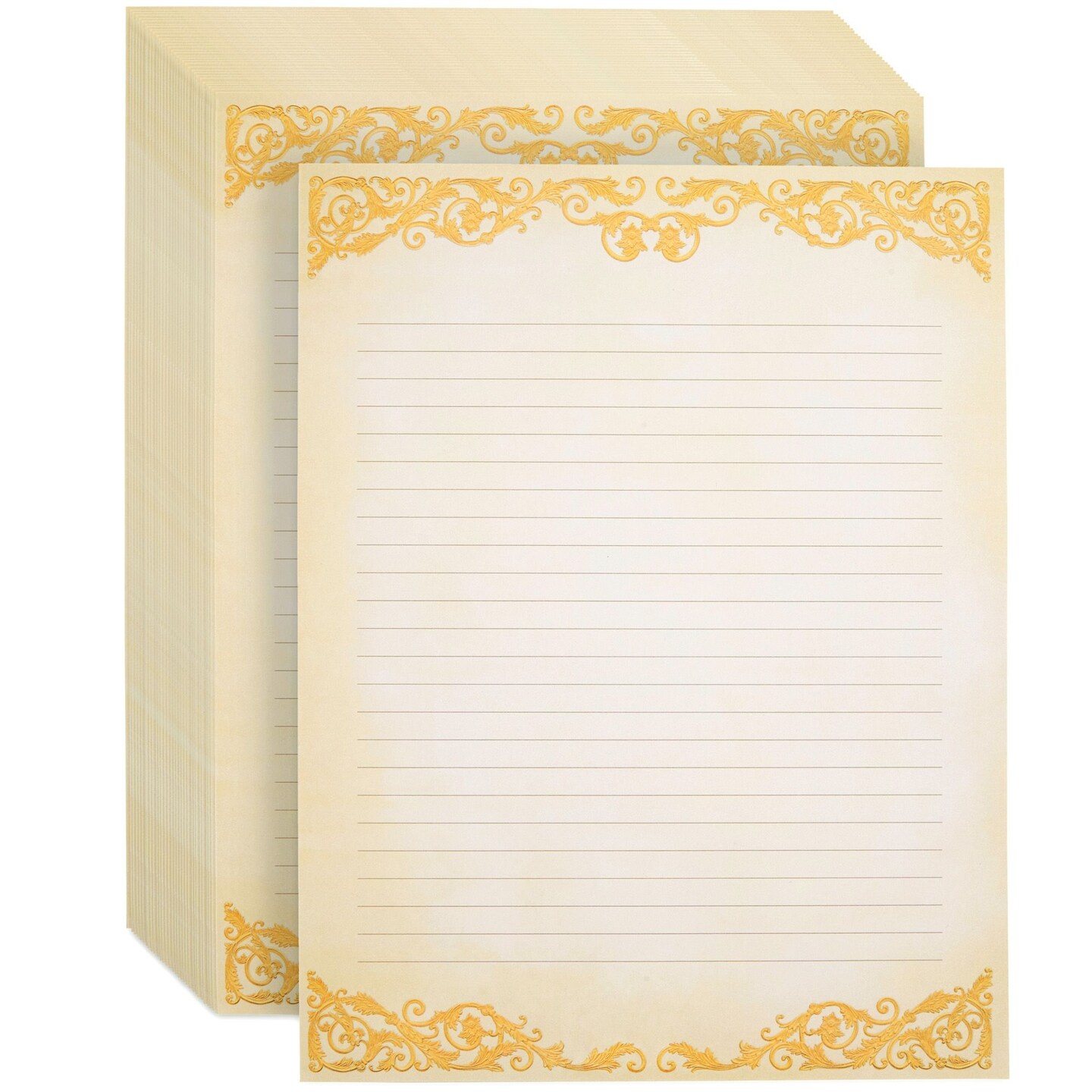 Pipilo Press Letter Writing Paper Set - 48 Sheets, 8.5 x 11 In, Ivory - Vintage Lined Stationery with Gold Border for Decorative & Fancy Handwritten Notes