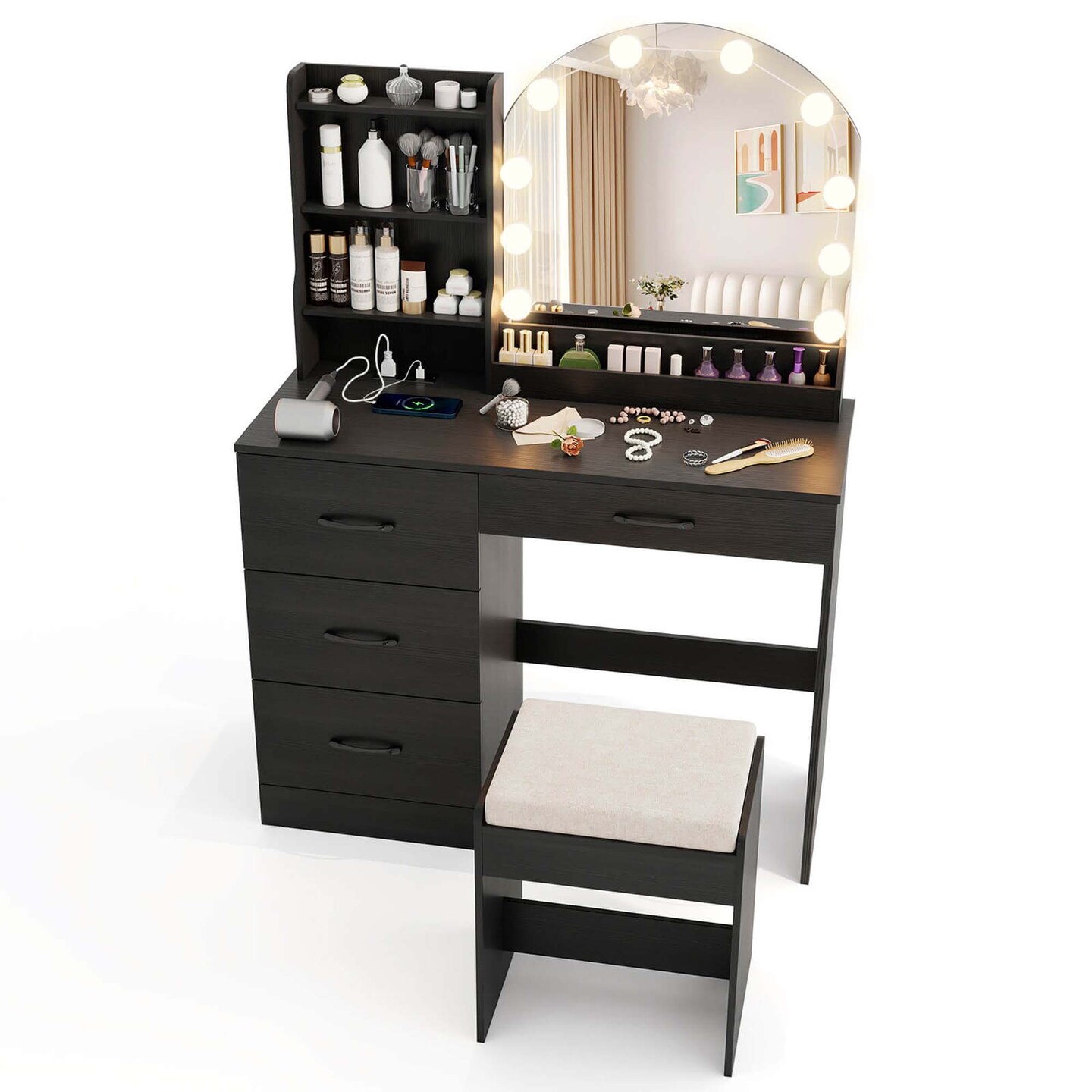 Costway Vanity Set with Mirror and Lights Dressing Table and Chair 4 Drawers 3 Open Shelves Black/White