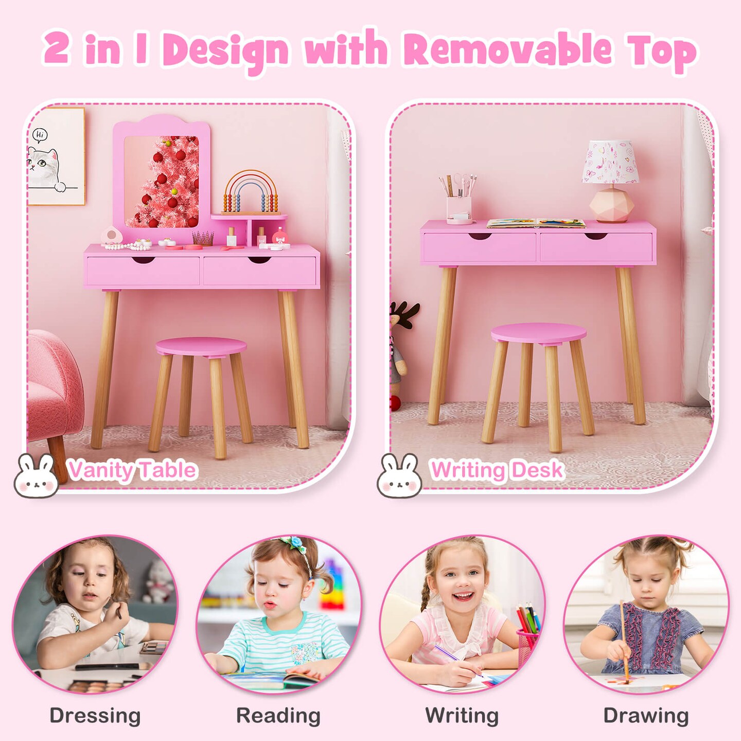 Costway Kid Vanity Table Chair Set with Mirror Large Storage Drawers Wooden Legs Pink/White