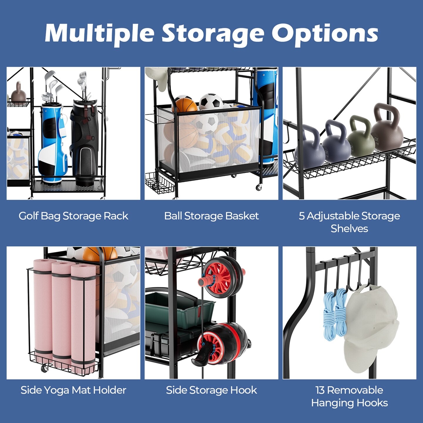 Costway Sports Equipment Organizer for Garage with Yoga Mat Holder Ball Basket Metal Black