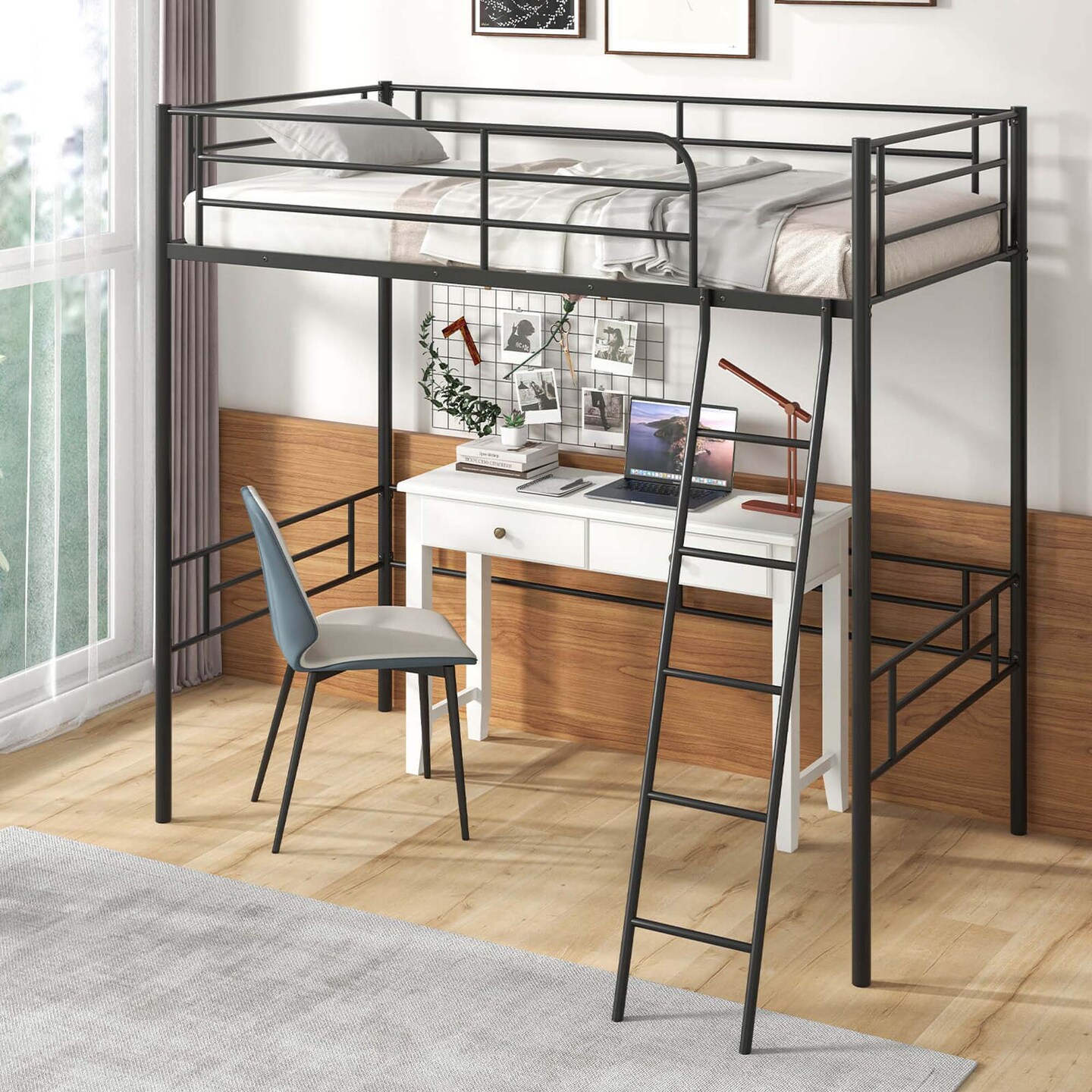 Costway Twin Metal Loft Bed Frame with Ladder Loft Bed with Safety Guardrails