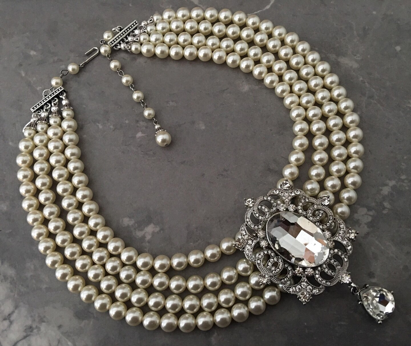 アクセサリー vintage rhinestone pearl blacelet Statement Wedding Necklace with Rhinestone Brooch 4 multi strands