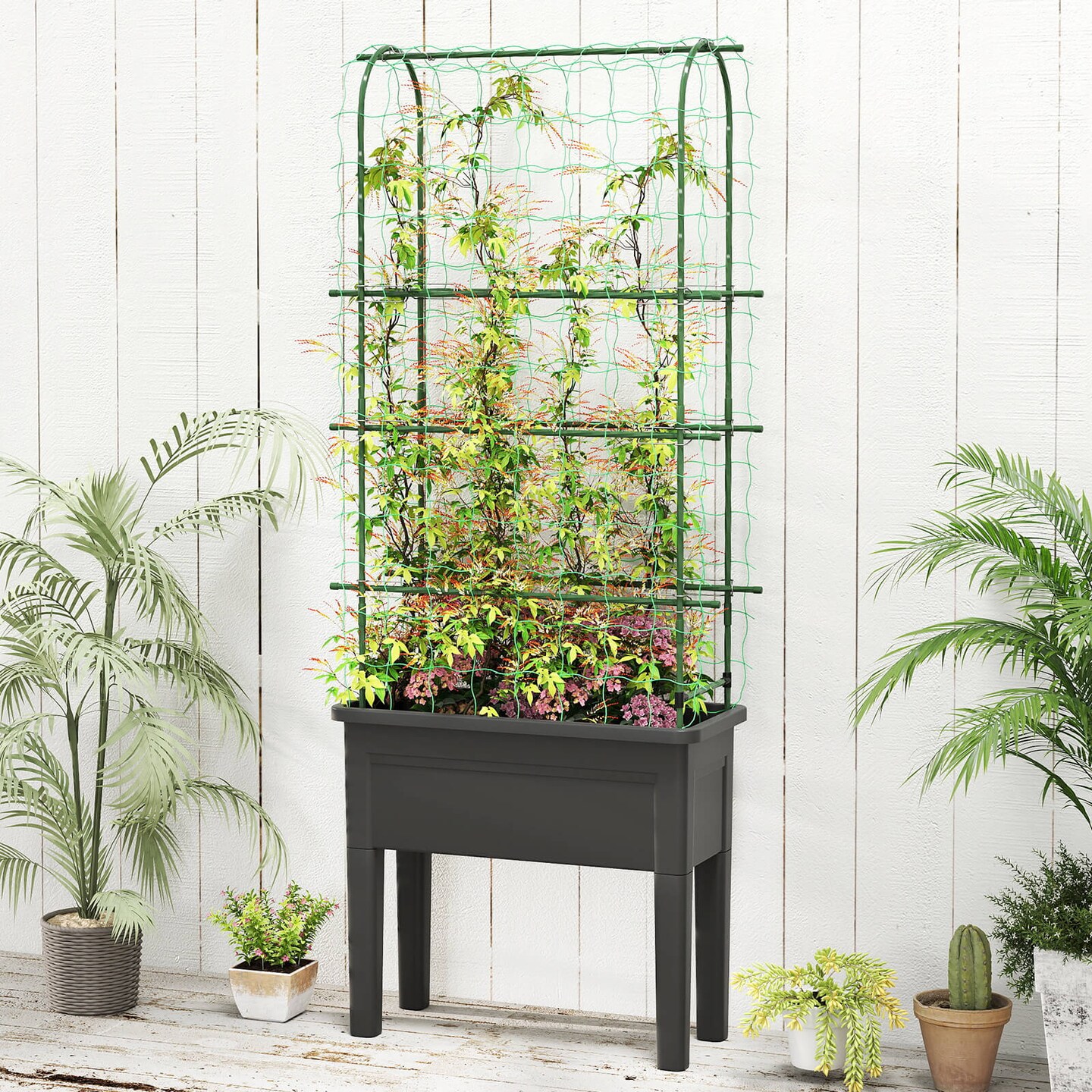 Costway Raised Garden Bed Planter Box with Climbing Trellis Water Level Indicator