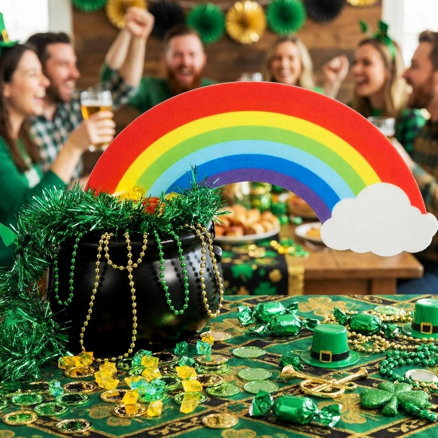 207-Pcs St. Patrick’s Day Decorations Set – Plastic Cauldron, Rainbow Topper, Shamrocks, Coins & Acrylic Gems – St. Patricks Party Supplies