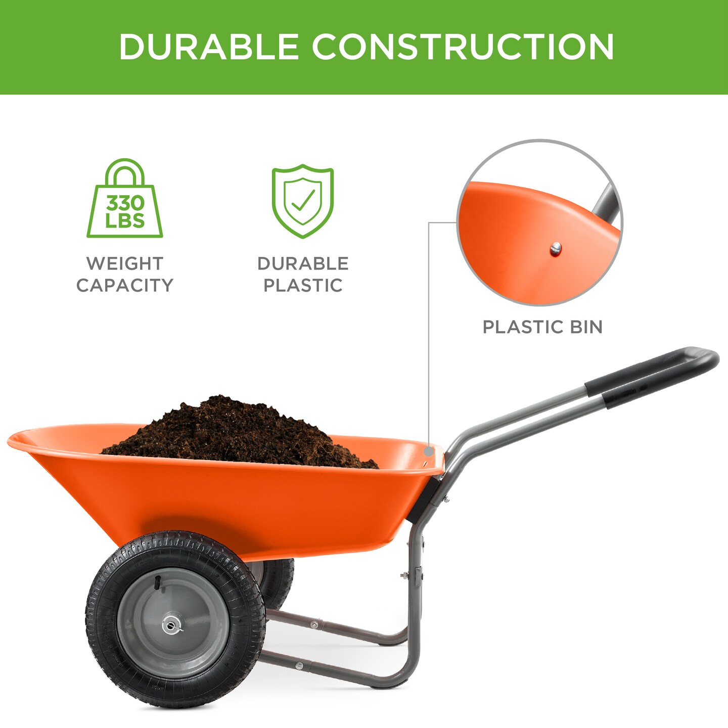 Best Choice Products Dual-Wheel Home Wheelbarrow Yard Garden Cart for Lawn, Construction