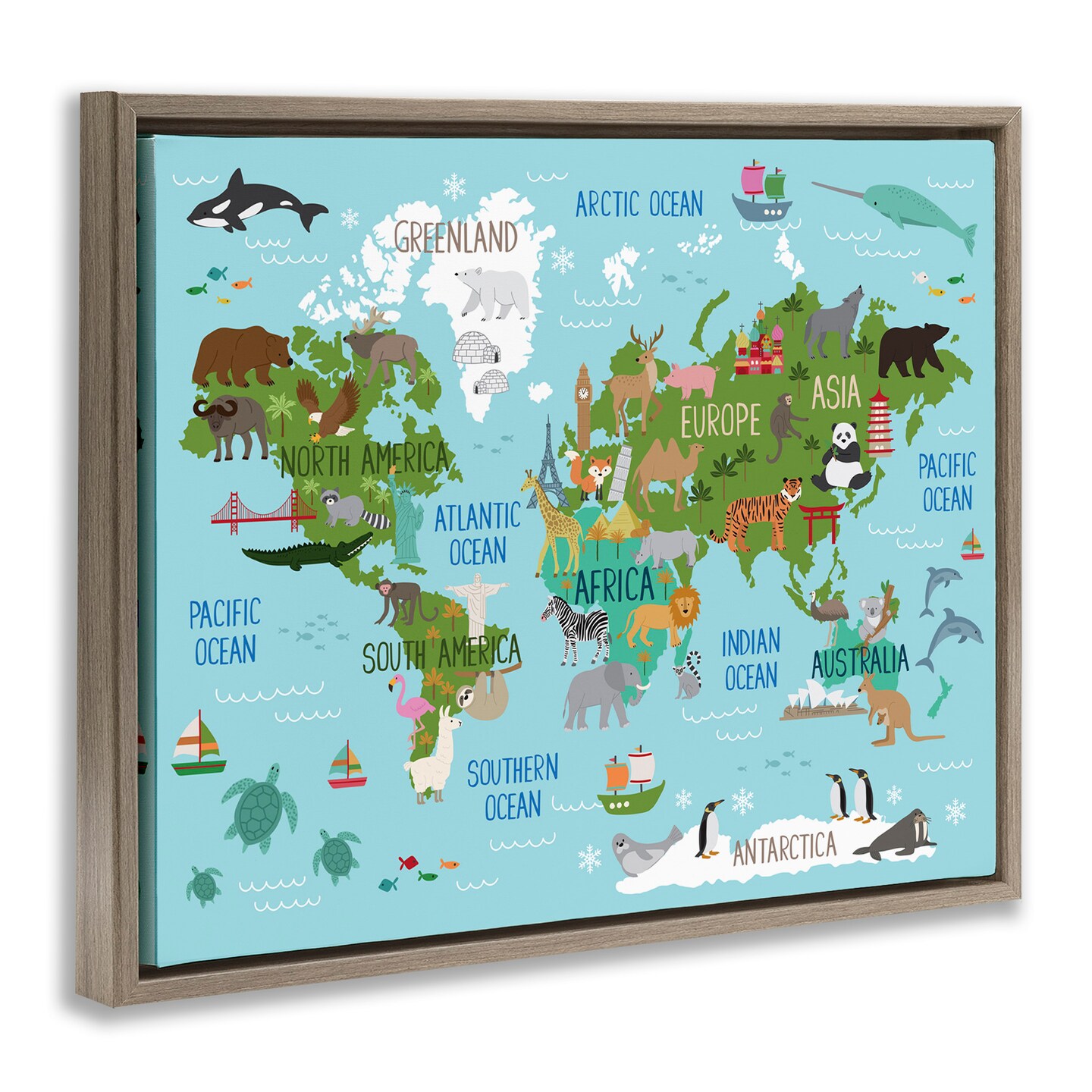 Stupell Industries Kid&#x27;s Favorite Animals World Map Framed Floater Canvas Wall Art
