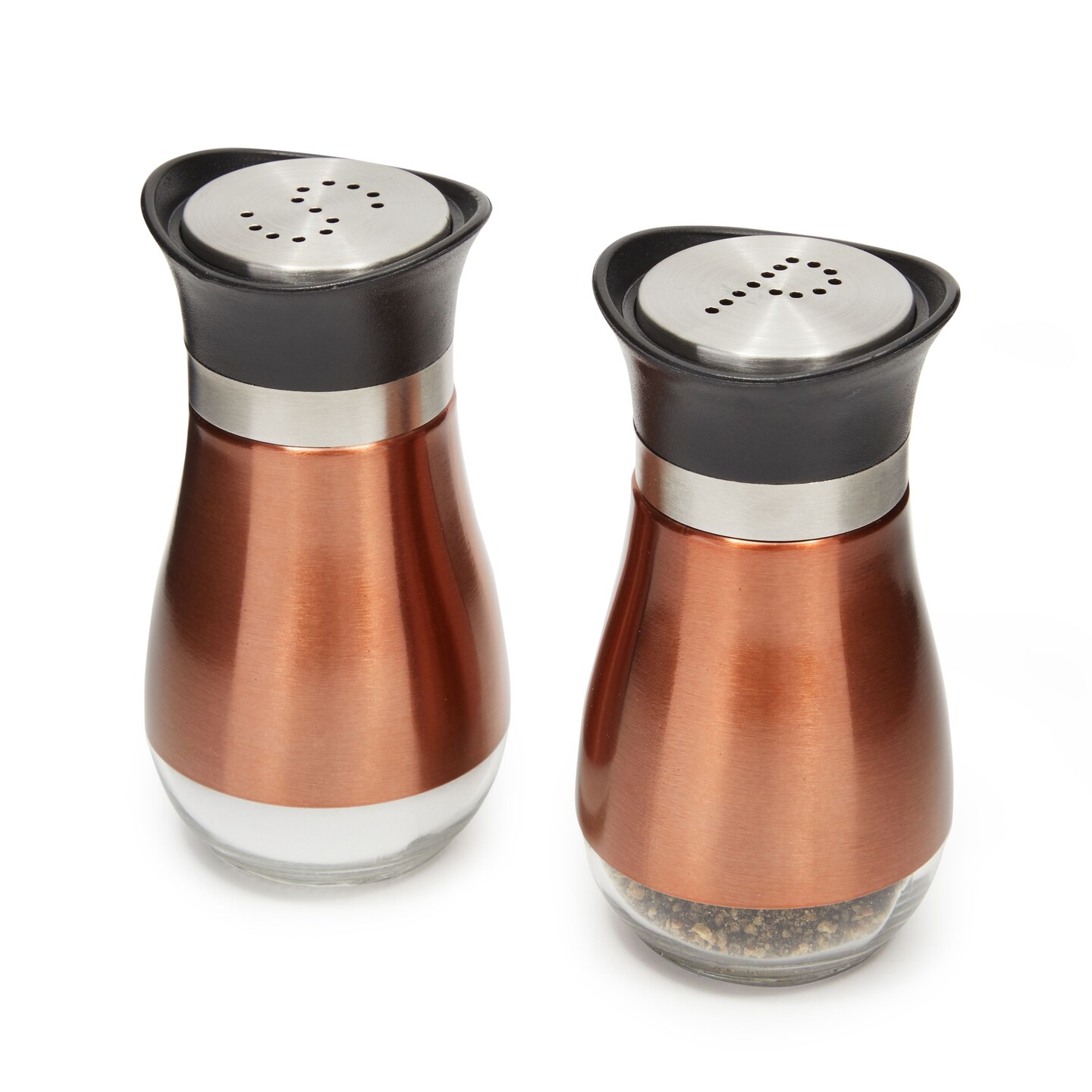 Stainless Steel Copper Salt and Pepper Shakers Set with Glass Bottom, Screw-Off Caps, Perforated &#x22;S&#x22; and &#x22;P&#x22; Designs for Kitchen (4oz)