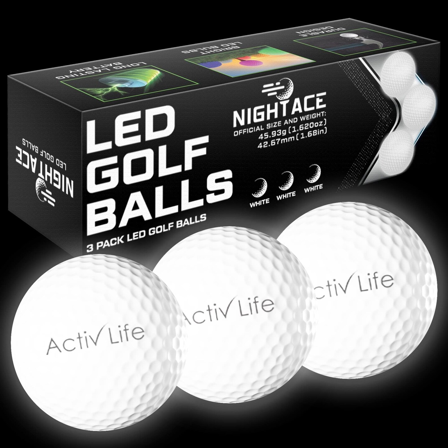LED Golf Balls (3 White) Best Glow in the Dark Golfer Gifts for Men and Women Night Golfing Unique Novelty Cool Birthday Dad Presents Light Up Fun Stuff Trick Gadgets