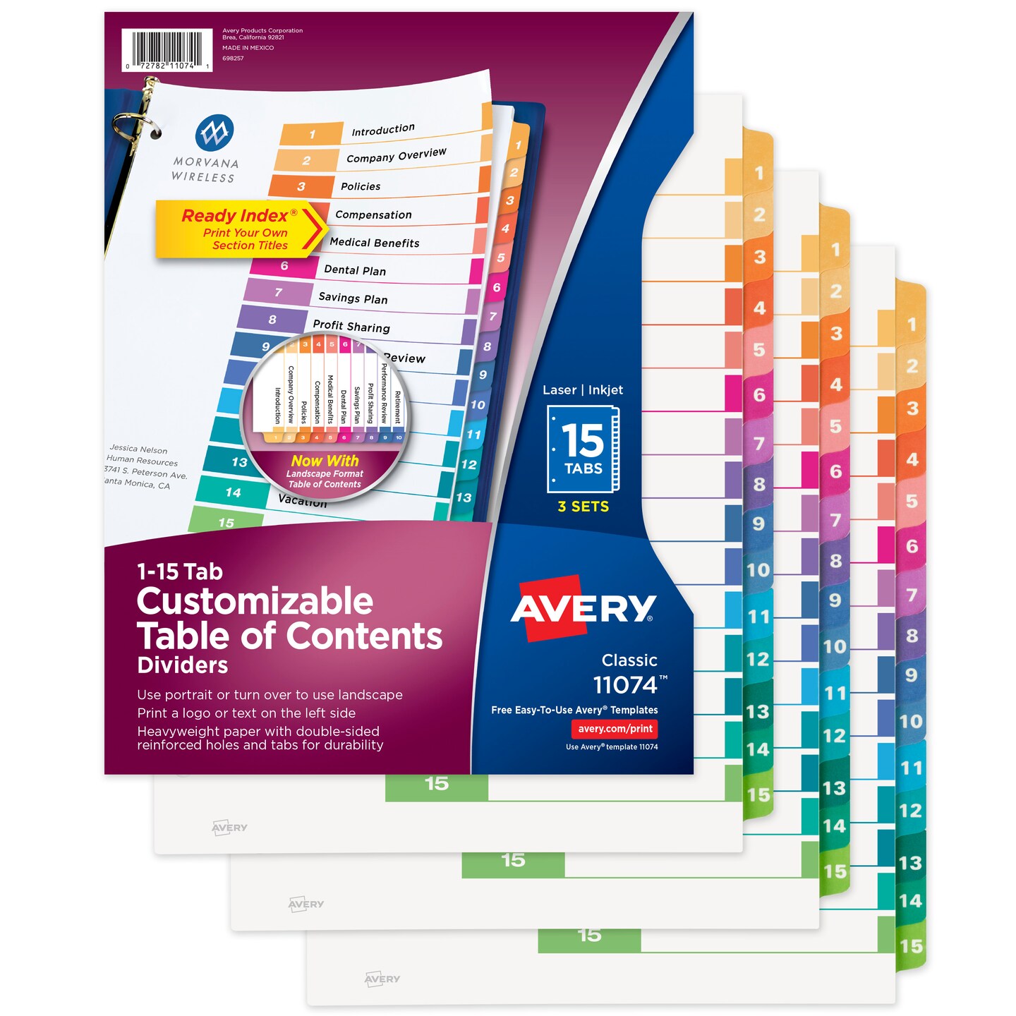 Avery Ready Index 15 Tab Binder Dividers, Customizable Table of Contents, Classic Multicolor Tabs, 3 Sets (11074)