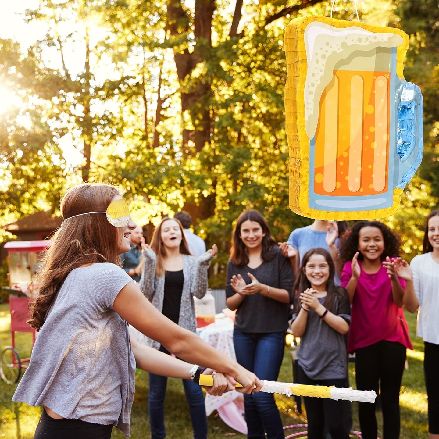 Beer Pi&#xF1;ata with Stick and Blindfold Confetti Cheers to Beers Glass Mug Hanging Decoration Mexican Pi&#xF1;atas for Adult Birthday Bachelor Party Game Supplies (Lovely)