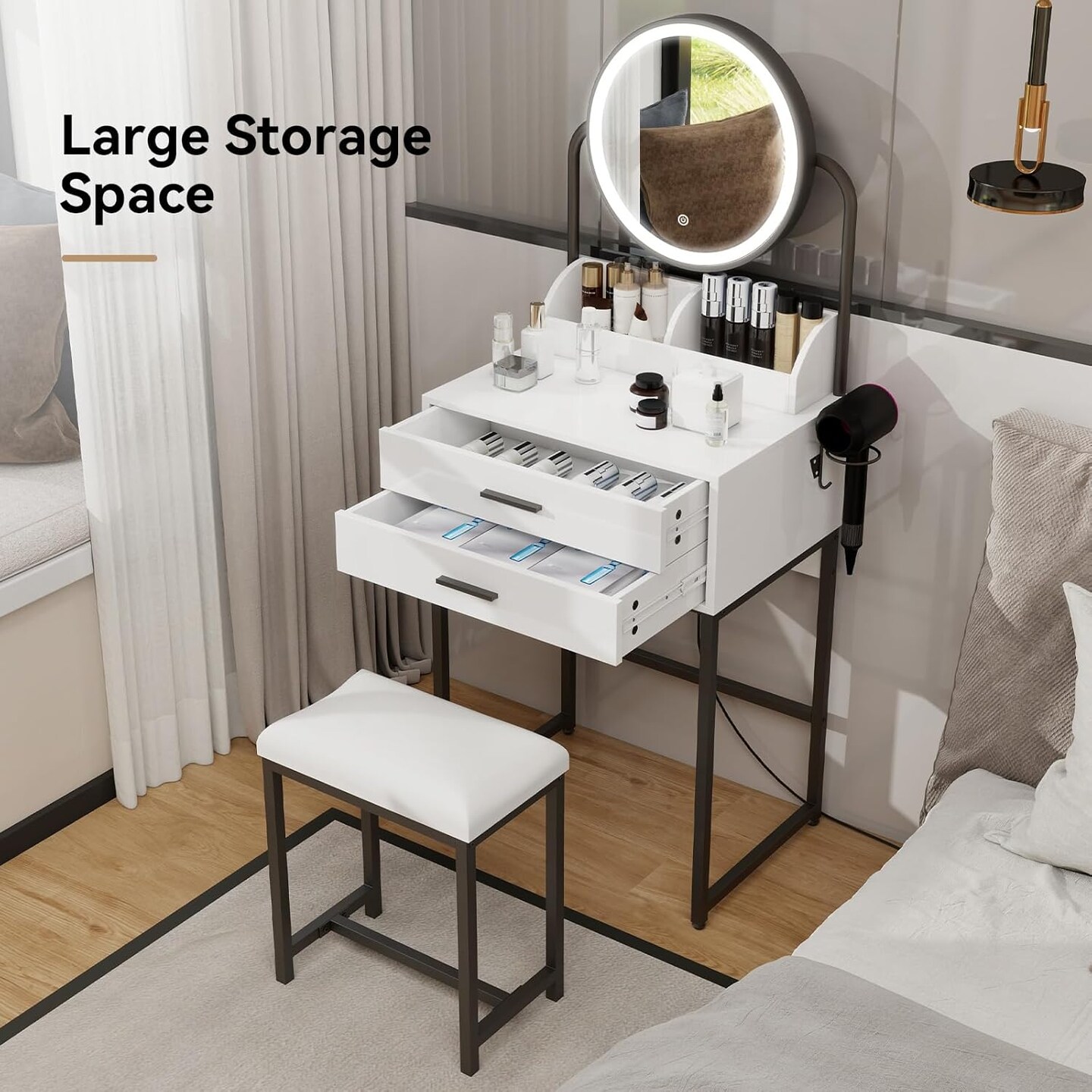 Small Vanity Desk with Mirror and Lights Compact Makeup Vanity Set with Drawers for Bedroom Mini White Modern Dressing Table with Stool