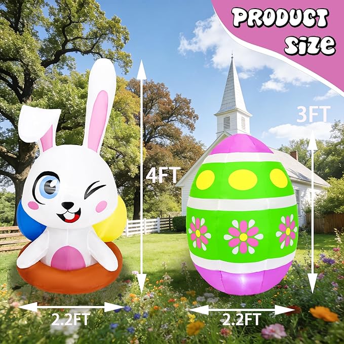 2 Pcs 4FT Easter Inflatable Bunny & Egg Outdoor Decorations, Easter Inflatables Blow up Yard Bunny Egg Decoration with LED Lights for Easter Egg Hunting Holiday Party Spring Décor