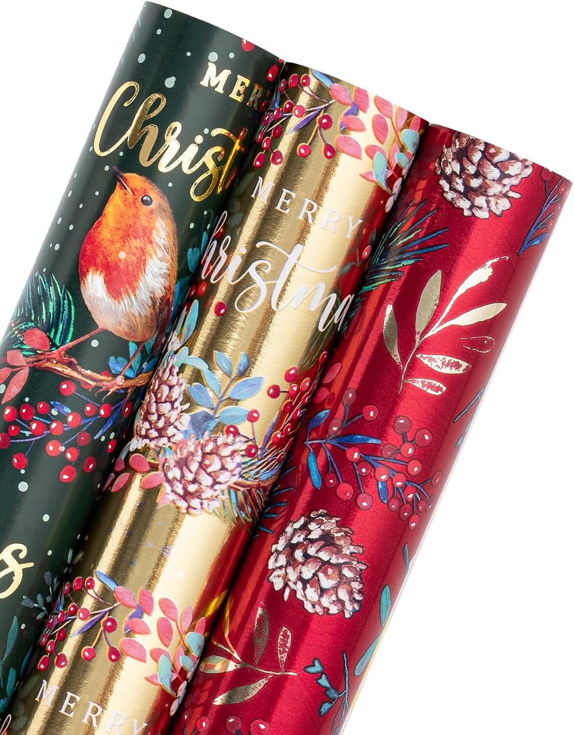 Christmas Wrapping Paper Roll - Mini Roll - 3 Rolls - 17 Inch X 120 Inch per Roll - Bird, Holly and Pinecones Holiday Design with Metallic Foil Shine
