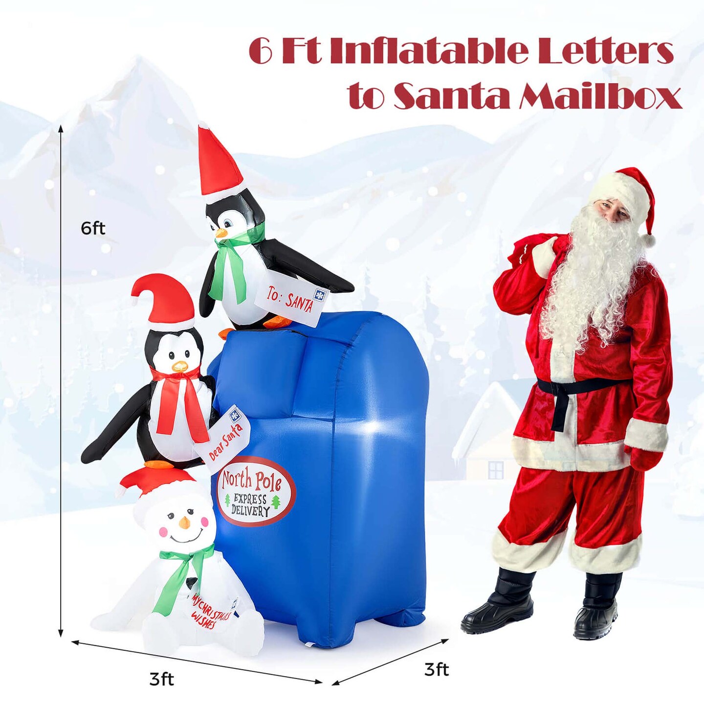 Costway 6 FT Christmas Blow up Pre-Lit Letters to Santa Mailbox with Penguins & Snow Man