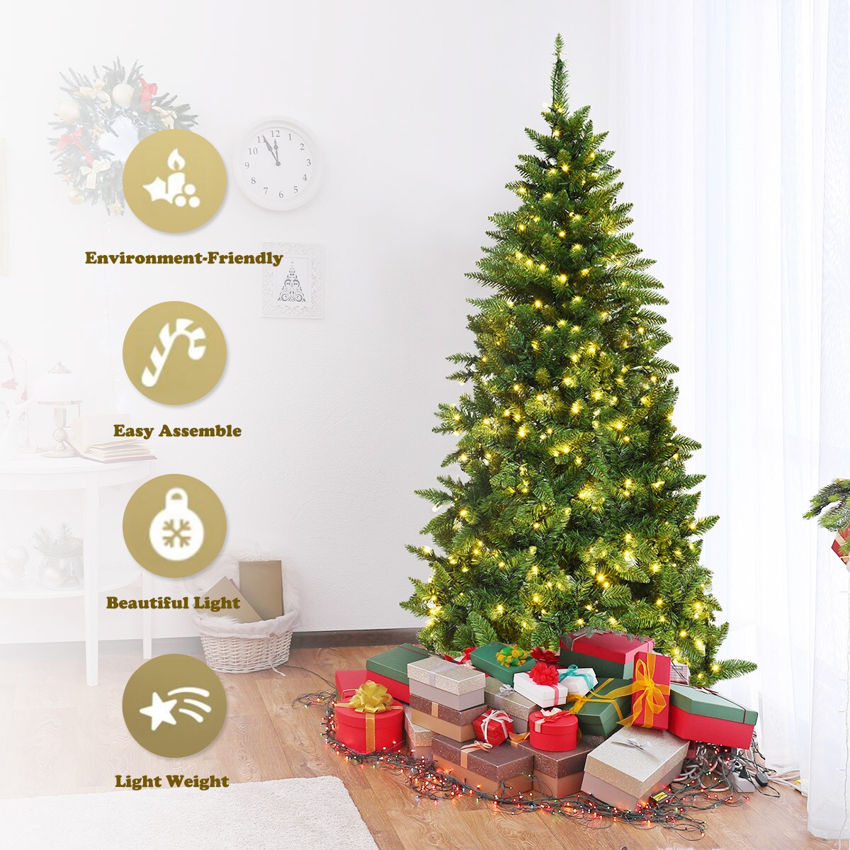 Costway 6ft Pre-lit PVC Artificial Half Christmas Tree 250 LED Lights