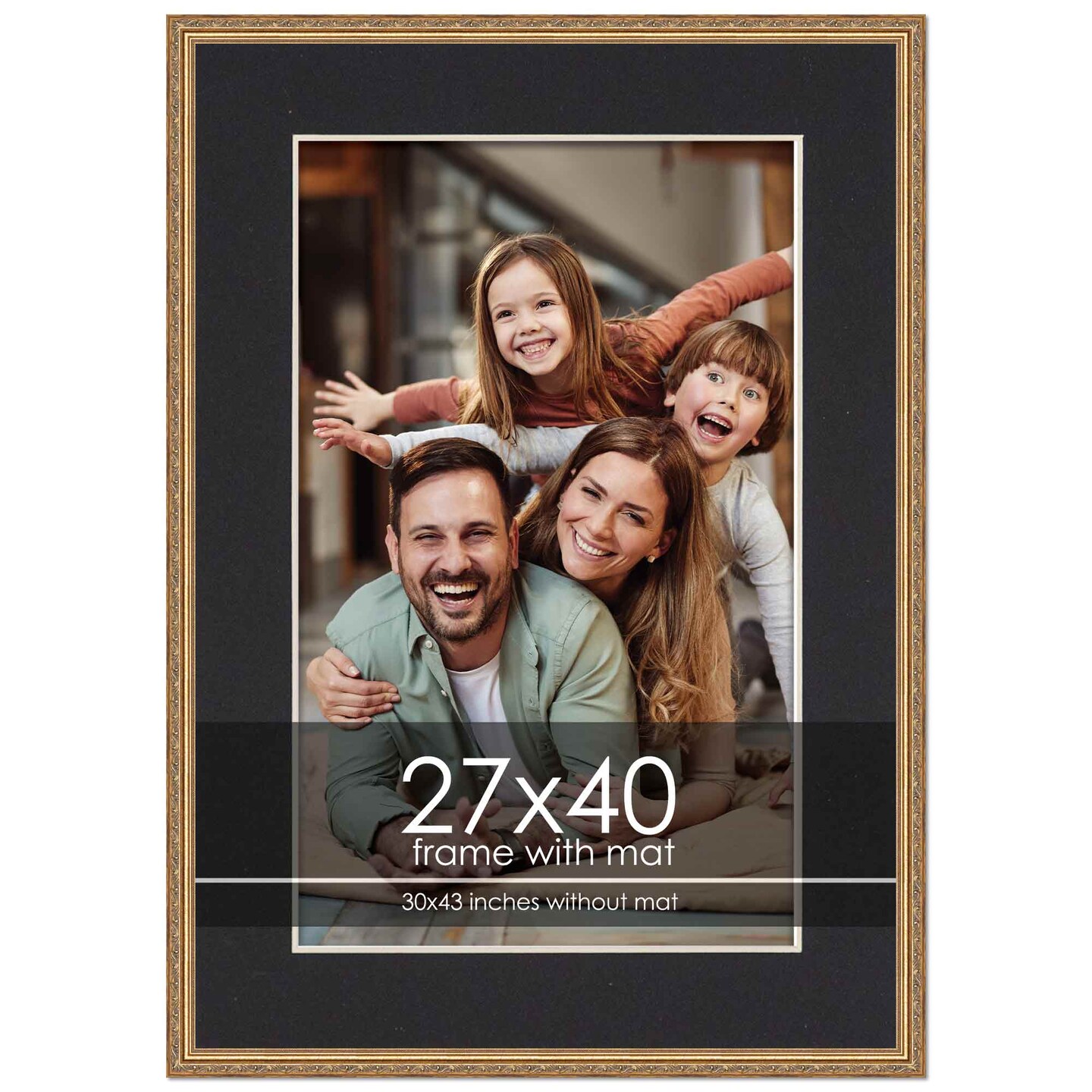 Antique Gold Frame with Black Photo Mat, UV Acrylic Front, Foam Board Backing, 60 Sizes Available