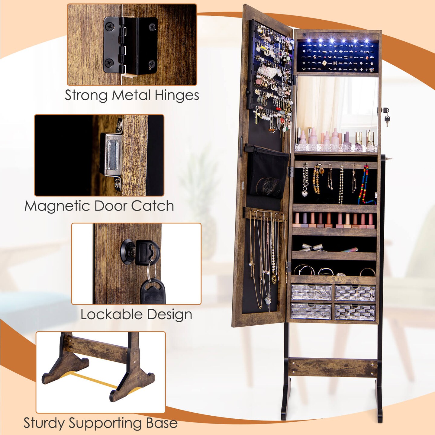 Costway Jewelry Cabinet Armoire Full Length Frameless Mirror Lockable with Lights White/Black/Rustic Brwon