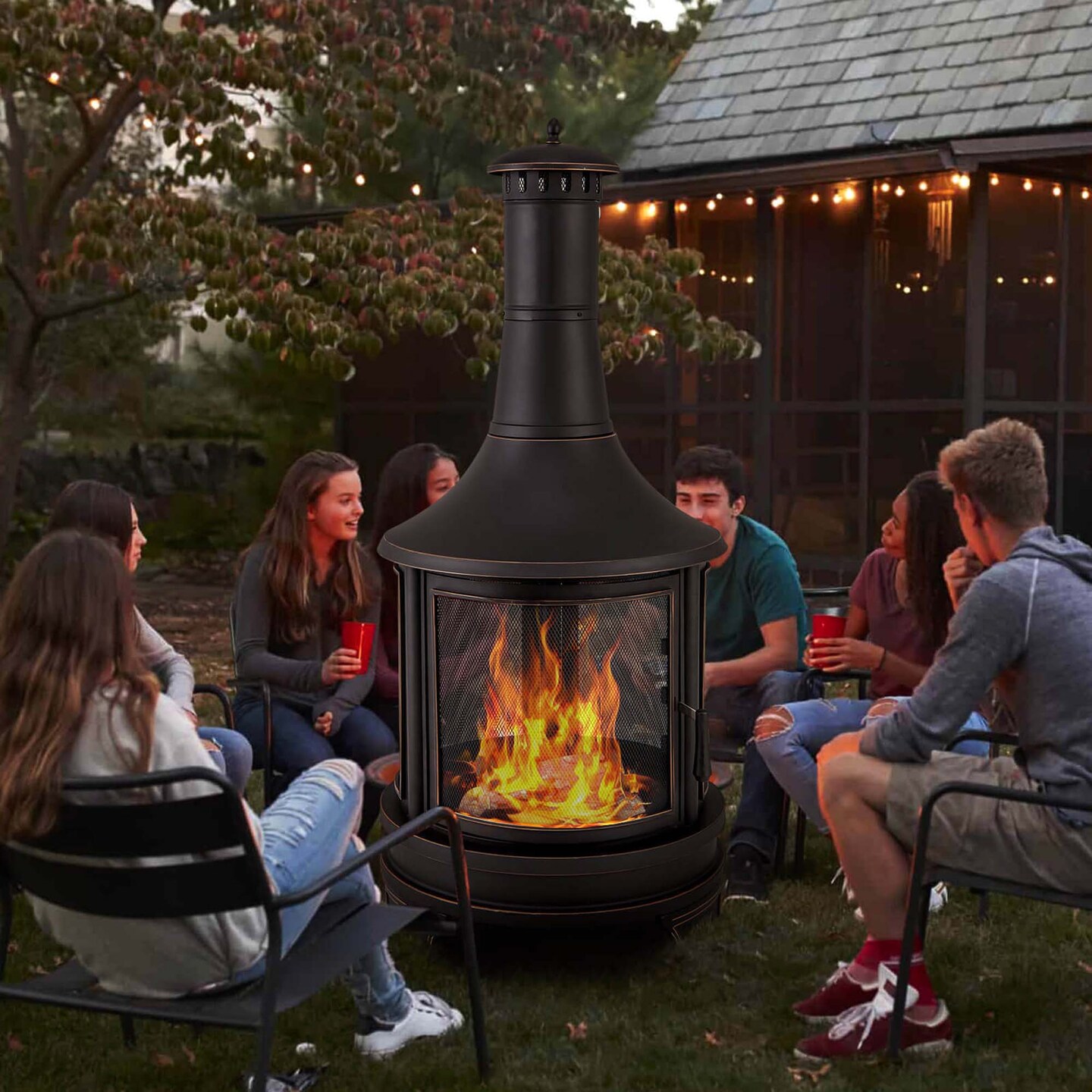 Costway 30 Inch Outdoor Fire Pit Chiminea 2 in 1 Wood Burning Metal Fireplace  with Grill