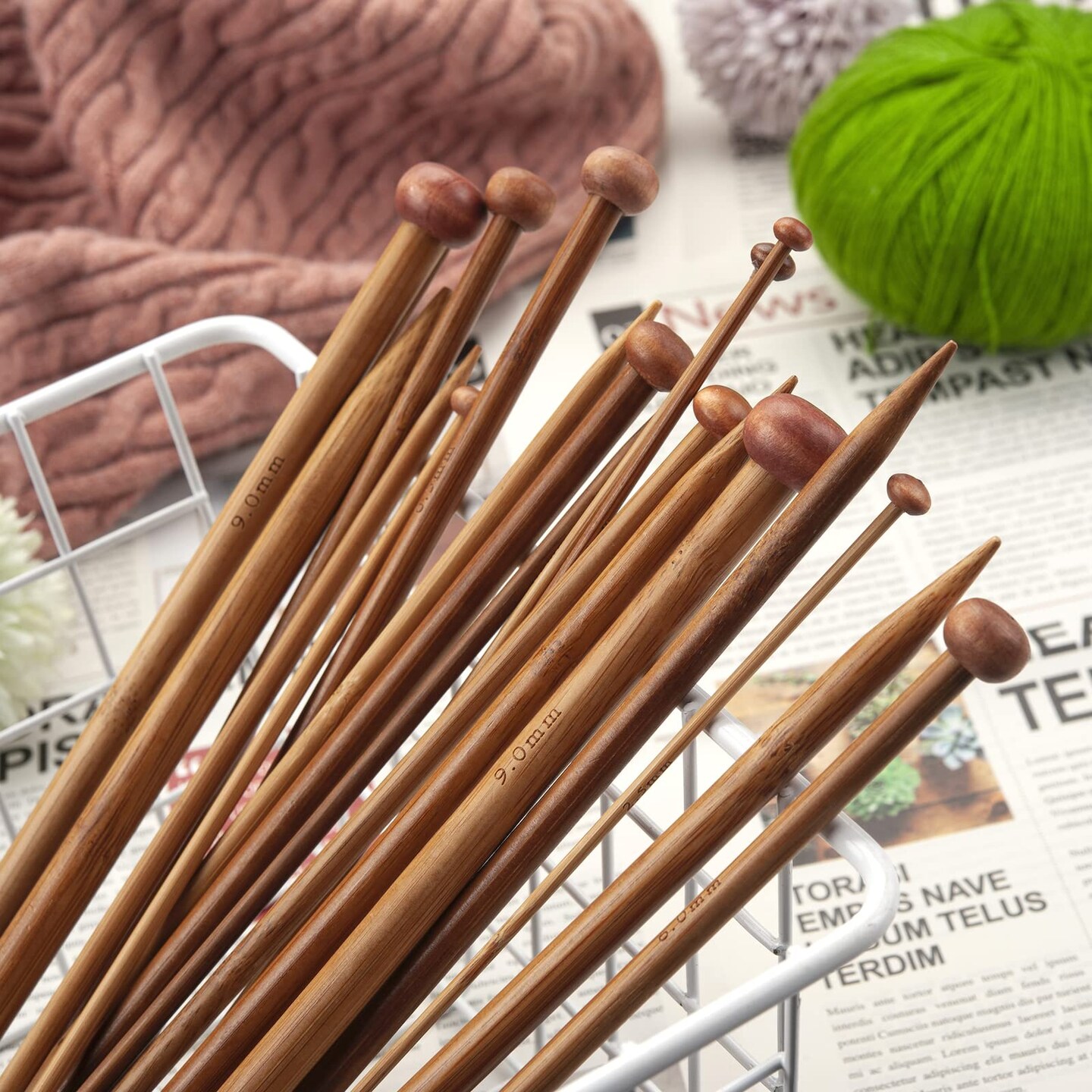 Bamboo Knitting Needles Set, Wooden Knitting Needles for Beginners, 18 Pairs US Size 0-15 (2.0-10.0mm) 14 Inch Long Straight Wood Knitting Needles Single Point for Sweaters, Socks, Shawl and Scarf