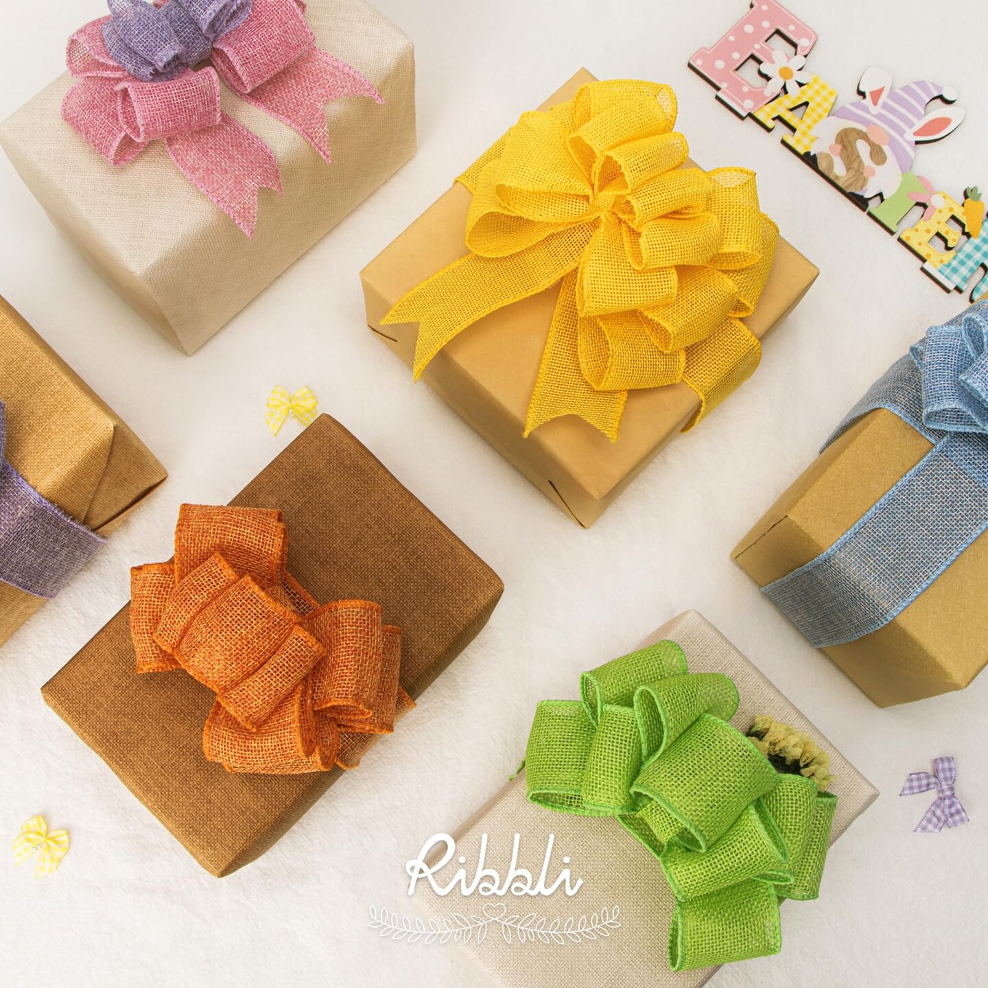 Easter Burlap Ribbon-Pink/Blue/Lavender/Apple Green/Yellow/Orange Wired Ribbon 1.5 Inch x 6 Colors Total 30 Yard Easter Ribbon for Crafts Wreaths Big Bow Wrapping Outdoor Decoration