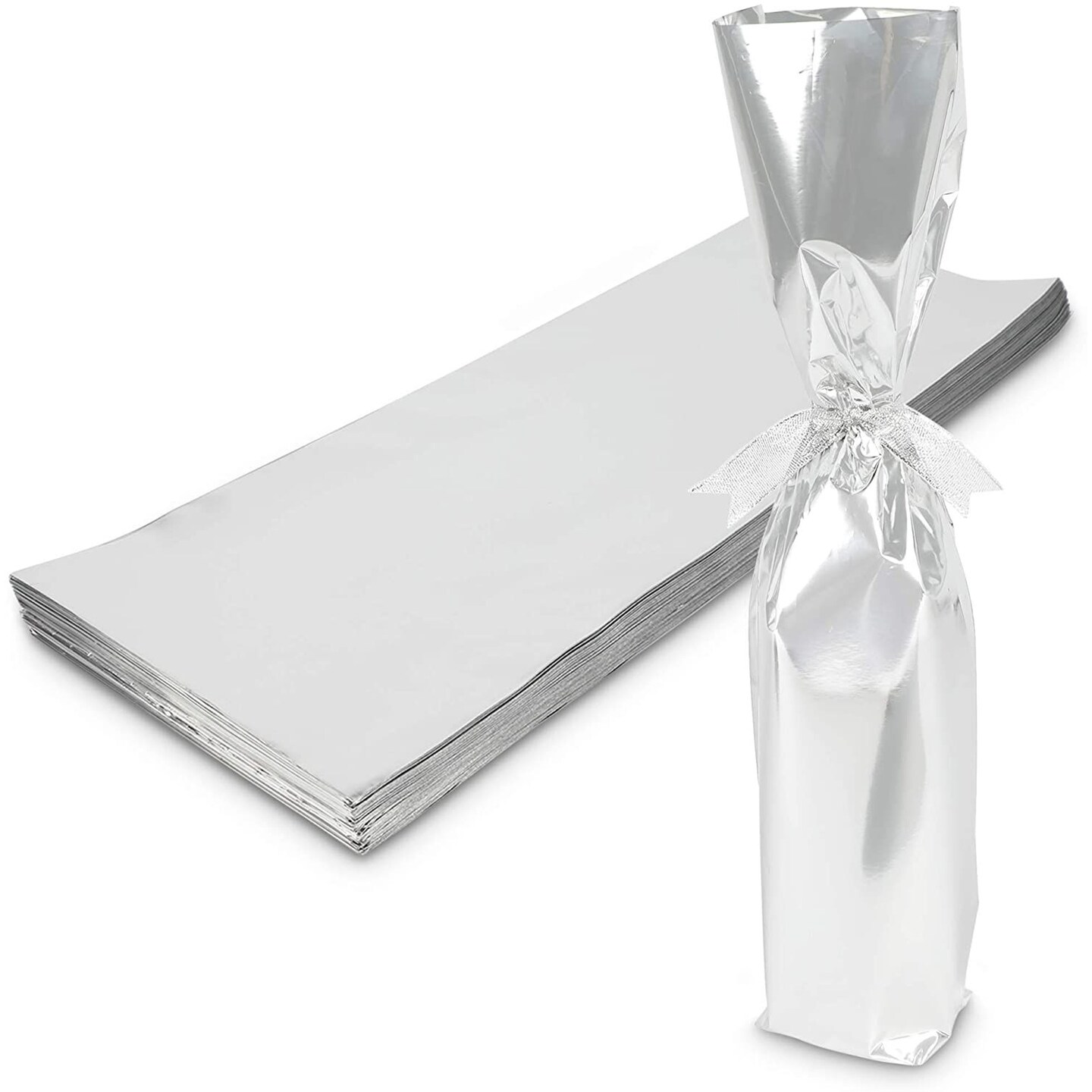 Silver Foil Wine Bottle Gift Bags, Metallic Wraps (6.25 x 17.5 in, 100 Pack)