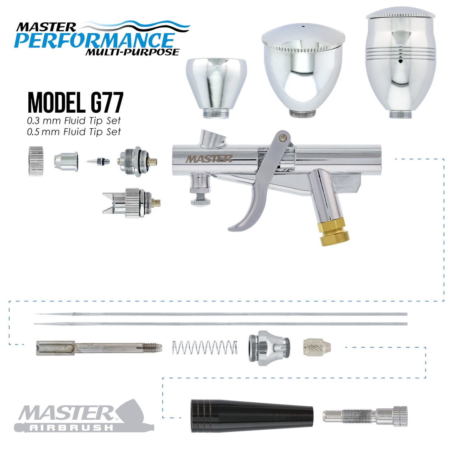 G77 Pistol Trigger Fixed Dual-Action Gravity Feed Airbrush, 2 Nozzle Sets (0.3 &#x26; 0.5mm), Spray Gun Fan Head, Round Pattern Head, 3 Cup Sizes, 6&#x27; Hose