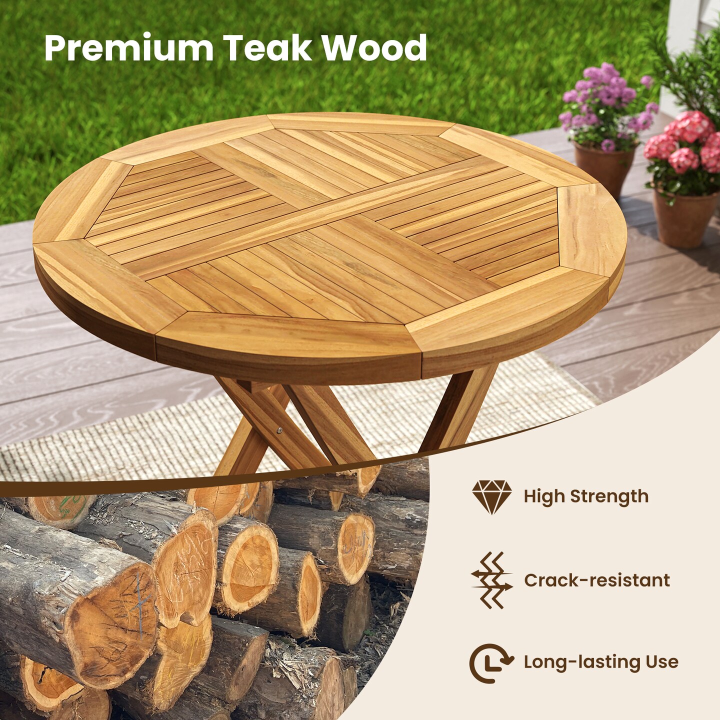 27.5&#x27;&#x27; Natural Teak Wood Outdoor Bistro Table Round Patio Dining Table with Slatted Top