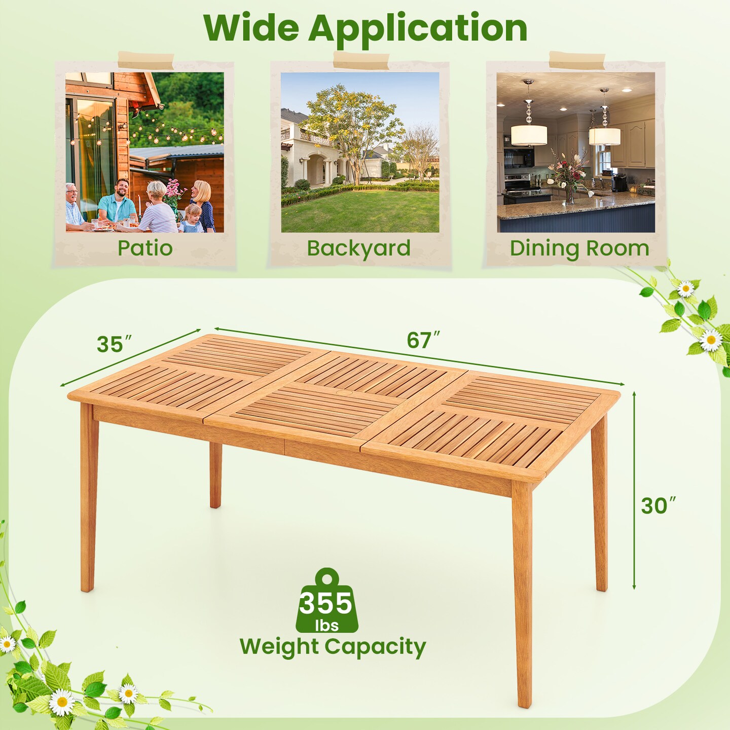 Natural Acacia Wood Rectangular Patio Dining Table with Umbrella Hole