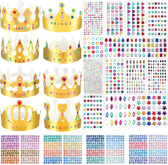 63 pcs Paper Crowns Princess Prince Crown Kids Birthday Party King Hats Gold gem Jewels Number Letter Stickers