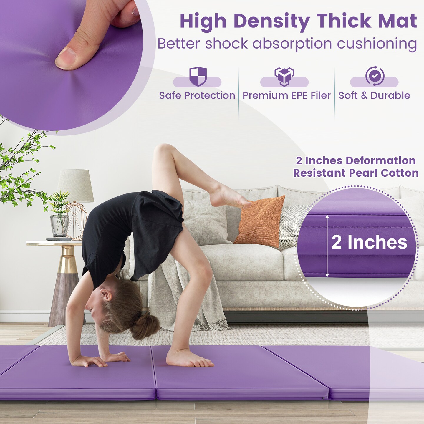 4-Panel PU Leather Folding Exercise Mat with Carrying Handles and Hook and Loop Fasteners