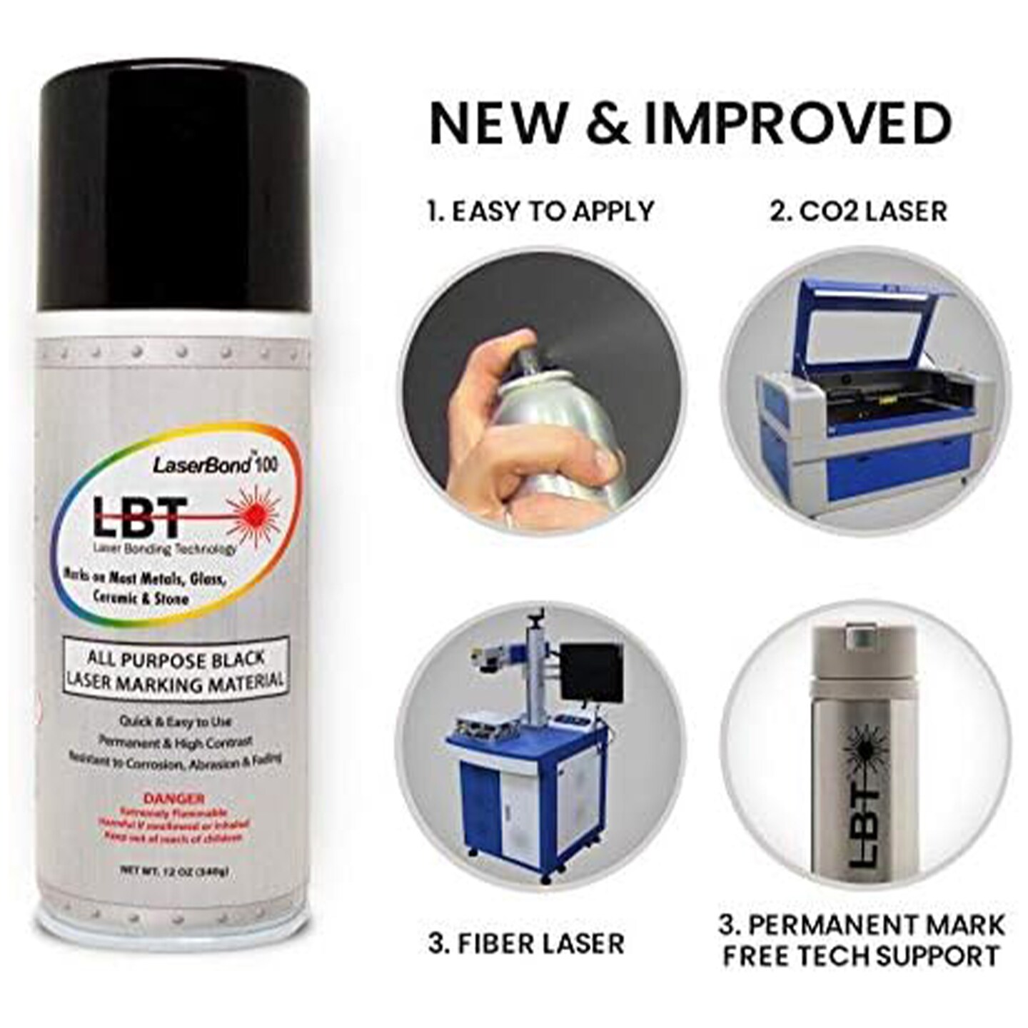 LaserBond 100 Aerosol Black Laser Marking Spray 12oz, Compatible with CO2 Fiber Diode and YAG Laser Engravers, Permanent Marks on Metal Glass Stone and Ceramic (2)