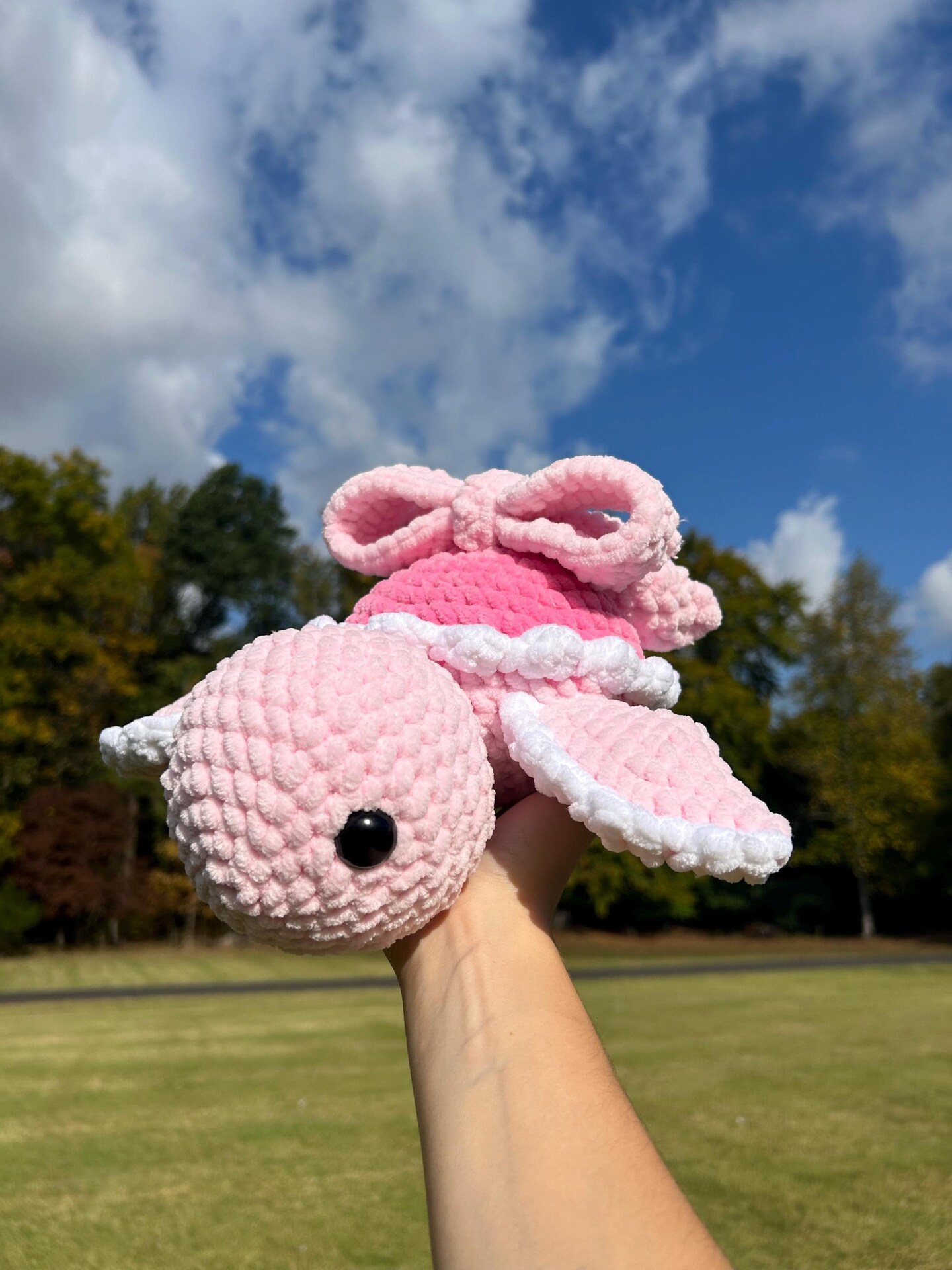 Soft pink turtle plushie, crochet stuffed animal for Valentine's