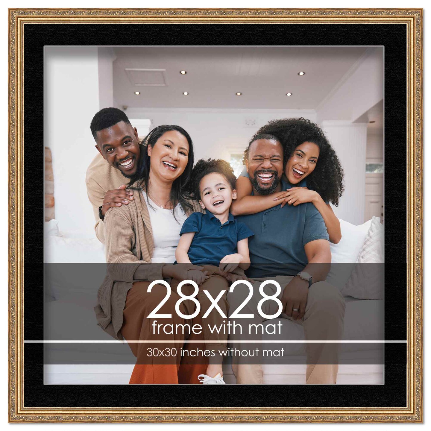 Antique Gold Frame with Black Photo Mat, UV Acrylic Front, Foam Board Backing, 60 Sizes Available