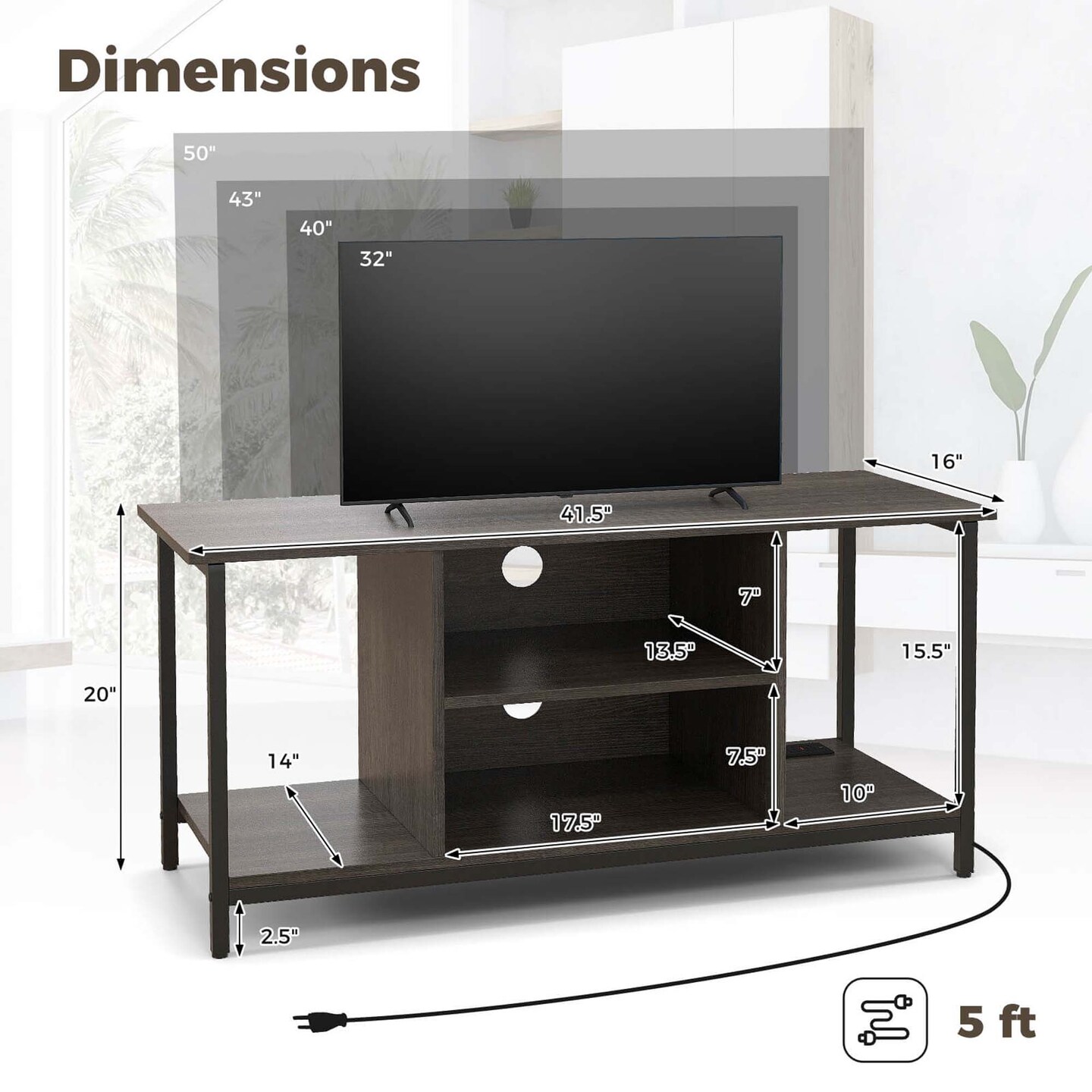 Costway TV Stand with Power Outlet USB & Type-C Port 3-tier TV Console Table Grey