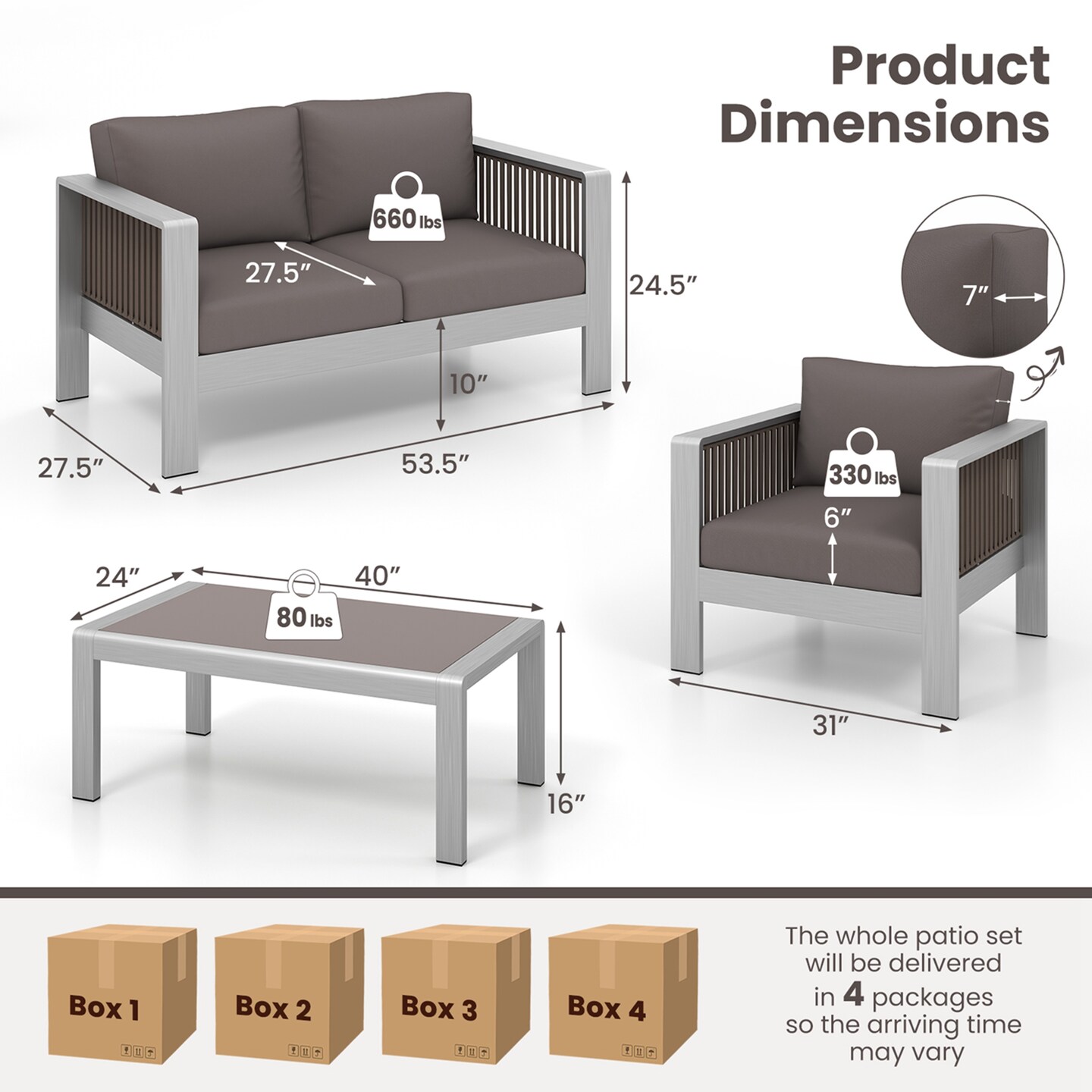 Costway 4 PCS Aluminum Patio Furniture Set with Thick Cushions &#x26; Tempered Glass Tabletop