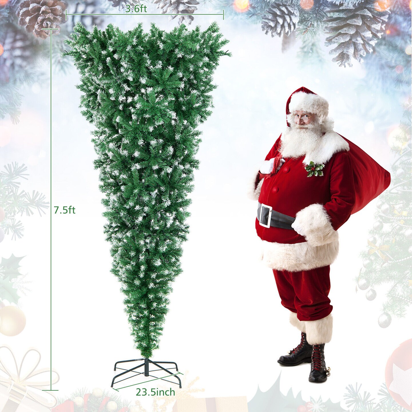 Green PVC Pre-Lit Upside Down Christmas Tree with 400 LED Lights and Metal Stand