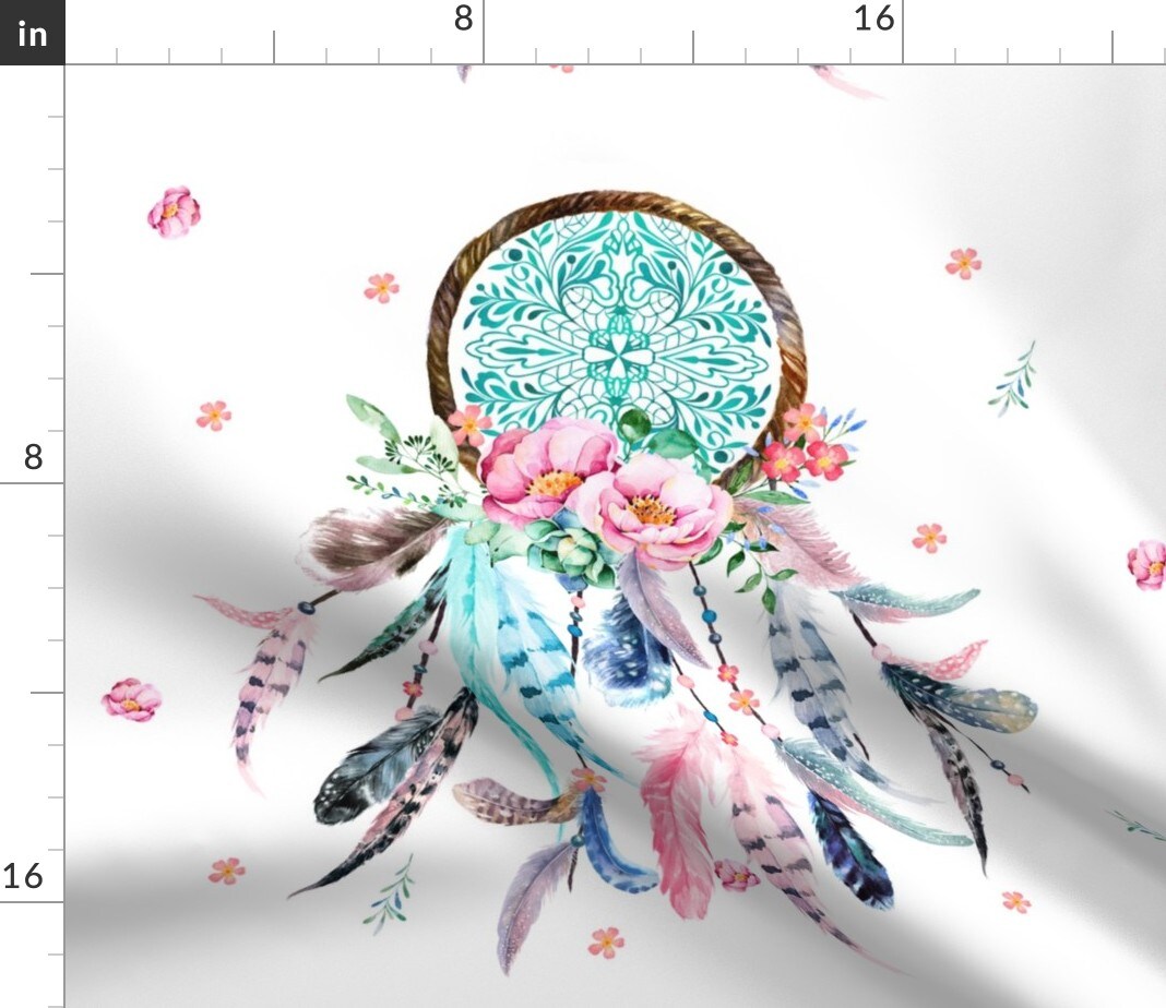 Aqua & Pink Dream Catcher Boho Floral Flowers Custom Printed Fabric by Spoonflower Various Fabrics by the Yard or Fat Quarter