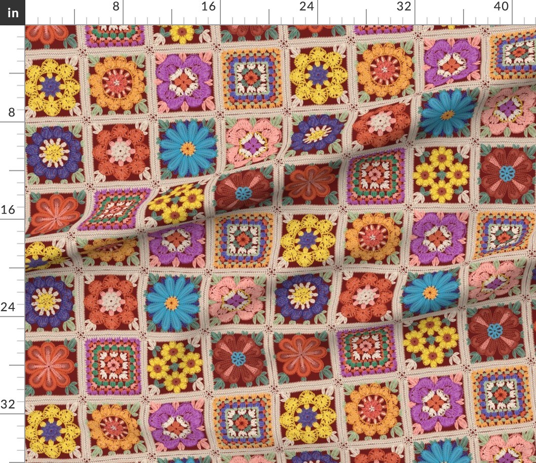 Granny Square Garden Flowers Crochet Nostalgic Vintage Custom Printed Fabric by Spoonflower Various Fabrics by the Yard or Fat Quarter