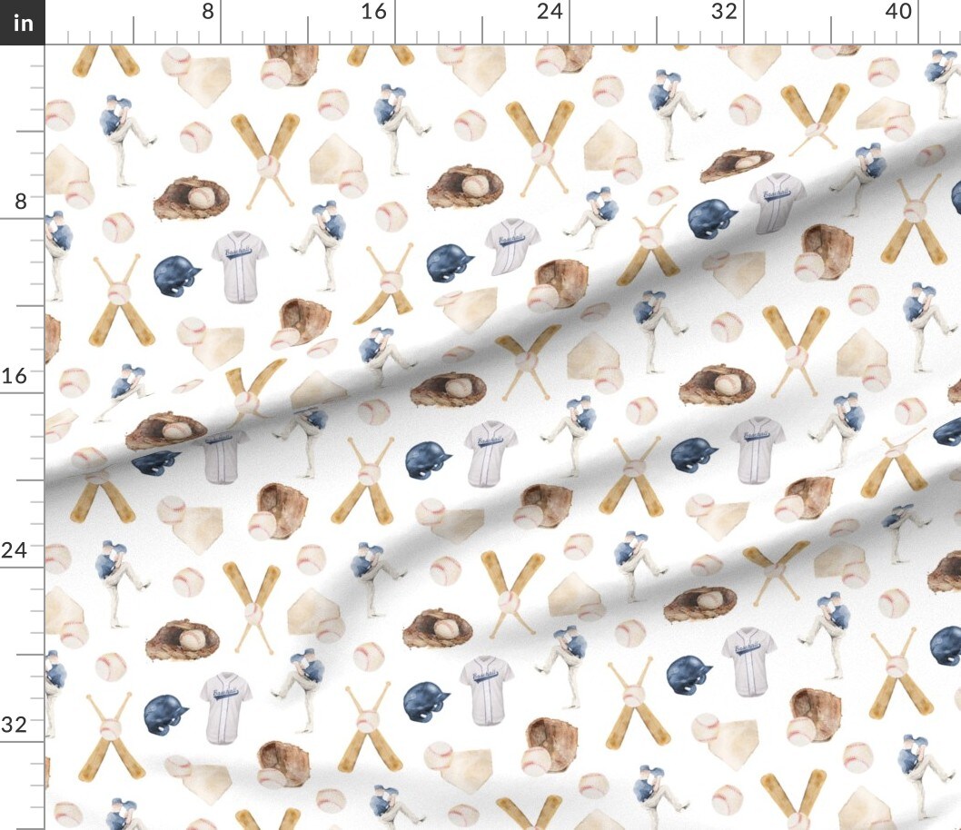 Baseball Watercolor Summer Sports Batter Up Bat Ball Helmet Jersey Custom Printed Fabric by Spoonflower Various Fabrics by the Yard or Fat Quarter