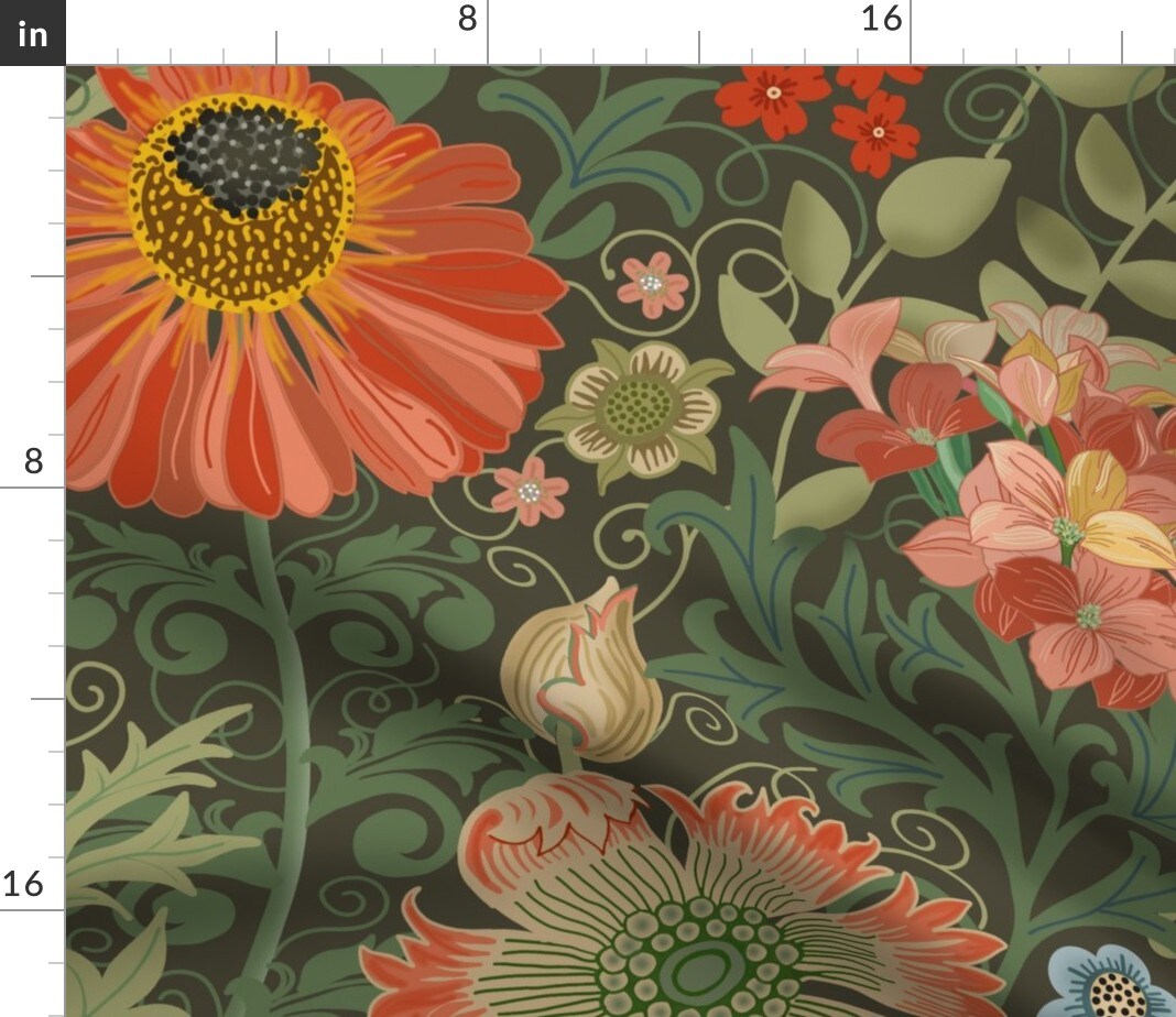 Art Nouveau Antique Floral William Morris Vintage Victorian Moody Arts And Crafts Garden Botanical Edwardian Green Red Custom Printed Fabric by Spoonflower Various Fabrics by the Yard or Fat Quarter