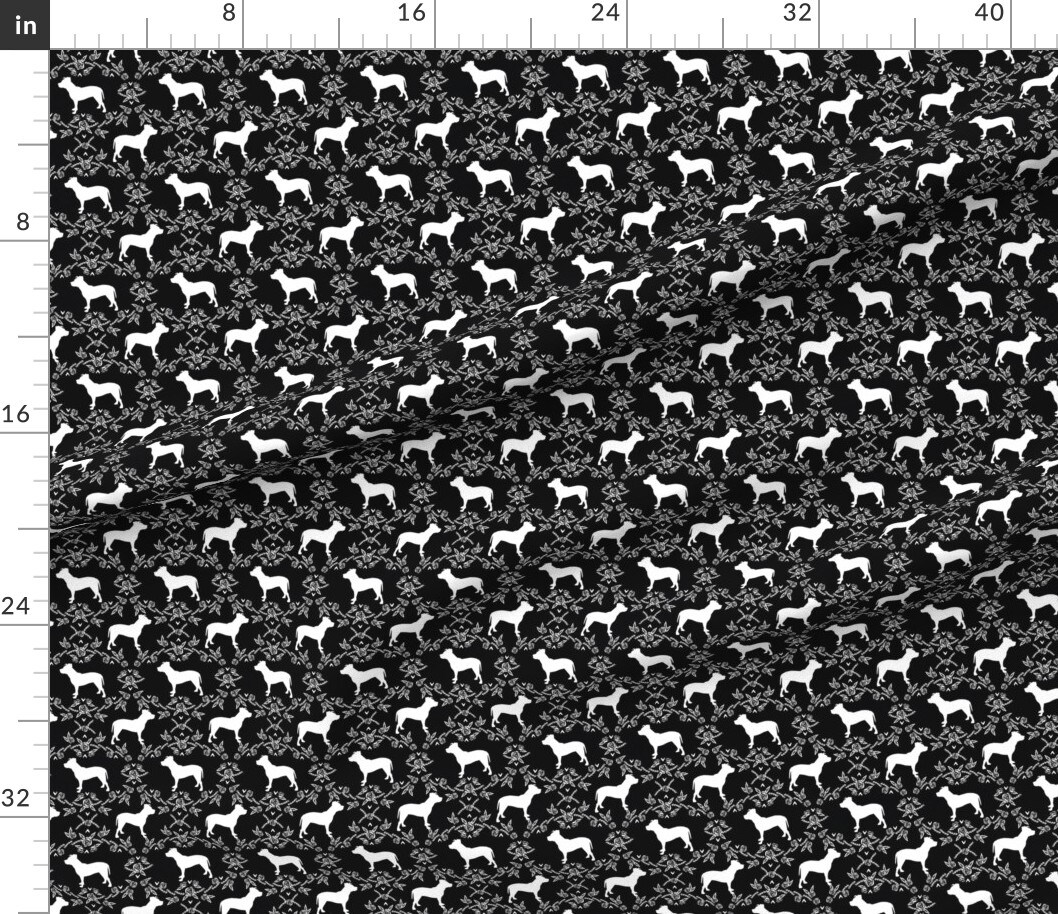 Pitbull Floral Silhouette Dog Breed Pattern Black White Pitbulls Dogs Pets Pet Portrait Custom Printed Fabric by Spoonflower Various Fabrics by the Yard or Fat Quarter