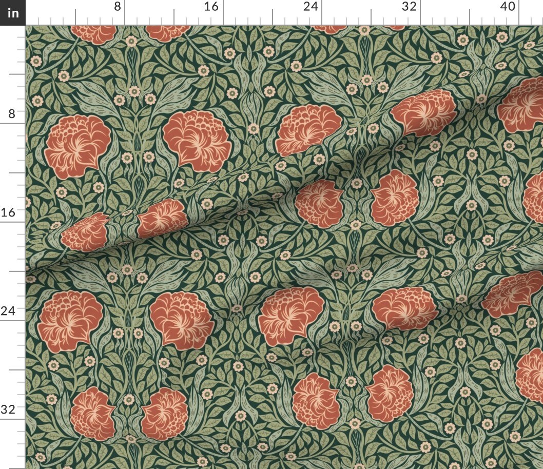 Art Nouveau William Morris Antique Coral Green Cottage Arts And Crafts Edwardian Botanical Custom Printed Fabric by Spoonflower Various Fabrics by the Yard or Fat Quarter