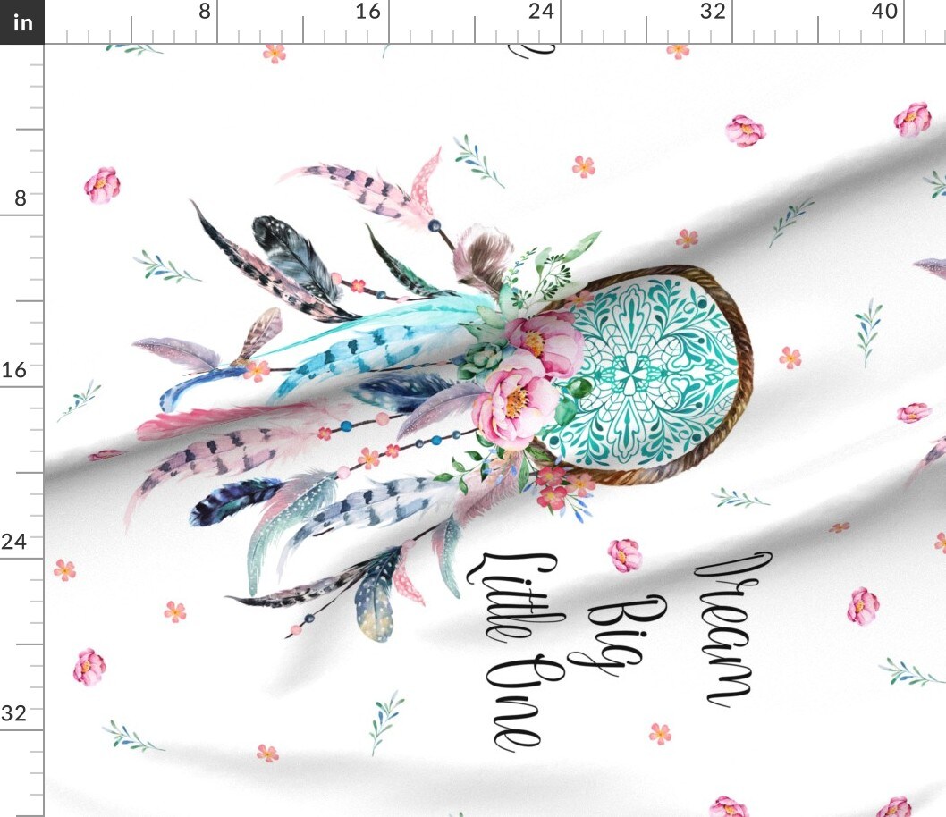 Pink Aqua Dream Catcher Big Little Floral Flowers Boho Feathers Dreamcatcher Girl Woodland Rotated Custom Printed Fabric by Spoonflower Various Fabrics by the Yard or Fat Quarter