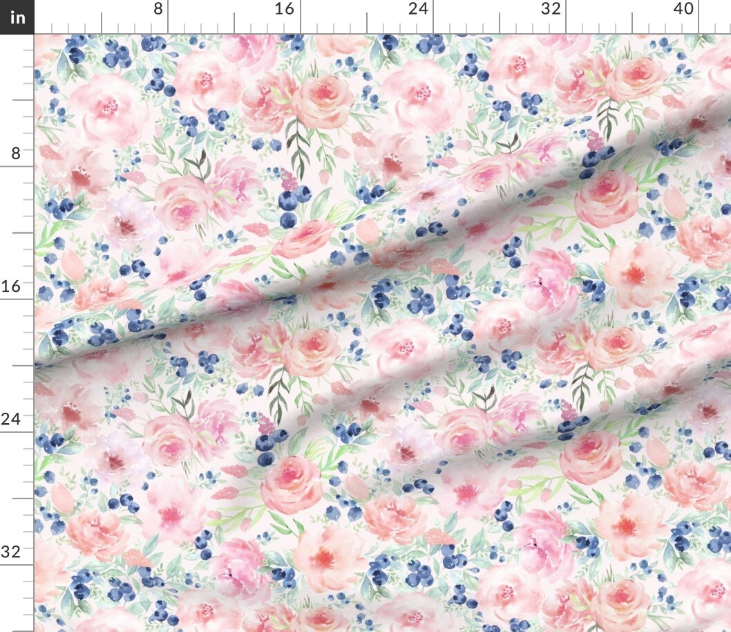 Various Fabrics by the Yard or Fat Quarter Pink Rose Blush Florals Blueberries Spring Flowers Roses Shabby Chic Girl Nursery Watercolor Autumn Custom Printed Fabric by Spoonflower