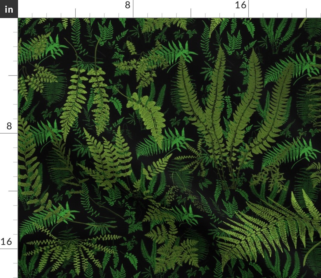 Fern Botanical Deep Black Green Leaves Forest Plants Jungle Custom Printed Fabric by Spoonflower Various Fabrics by the Yard or Fat Quarter