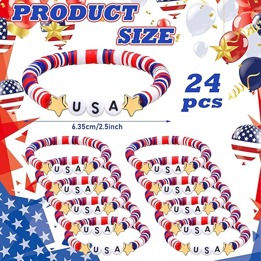 USA Bracelets Bulk 4th of July Accessories Red White and Blue Polymer Clay Beaded Stretch Bracelets for Women USA Jewelry Independence Day 4th of July Patriotic Party Favors Gifts