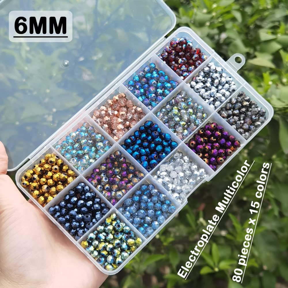 1200pcs 6mm Multicolor Electroplate Rondelle Glass Beads for Jewelry Making Faceted Briolette Shape Crytal Spacer Beads Assortments Supplies for Bracelet Necklace with Storage Box